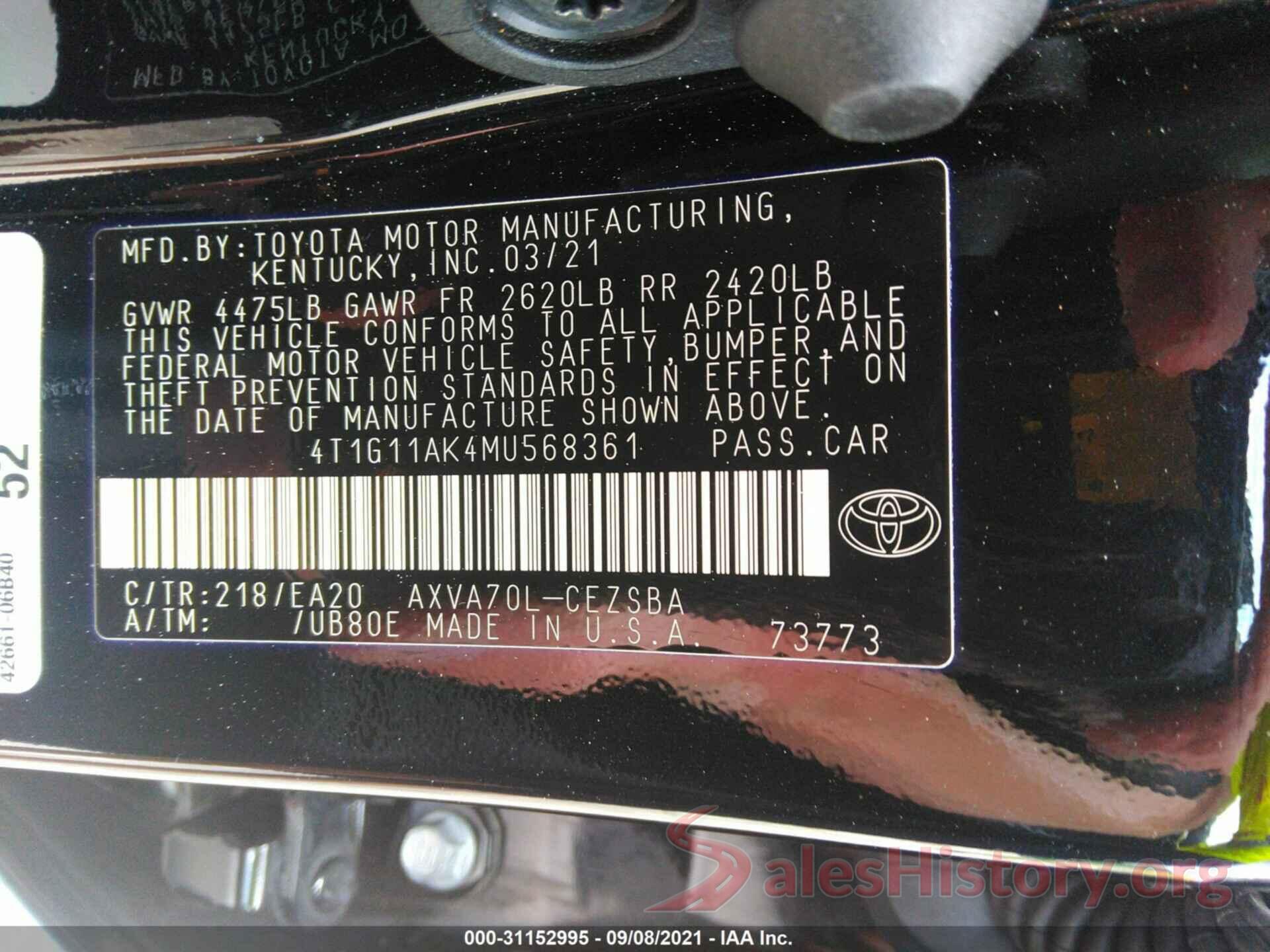 4T1G11AK4MU568361 2021 TOYOTA CAMRY