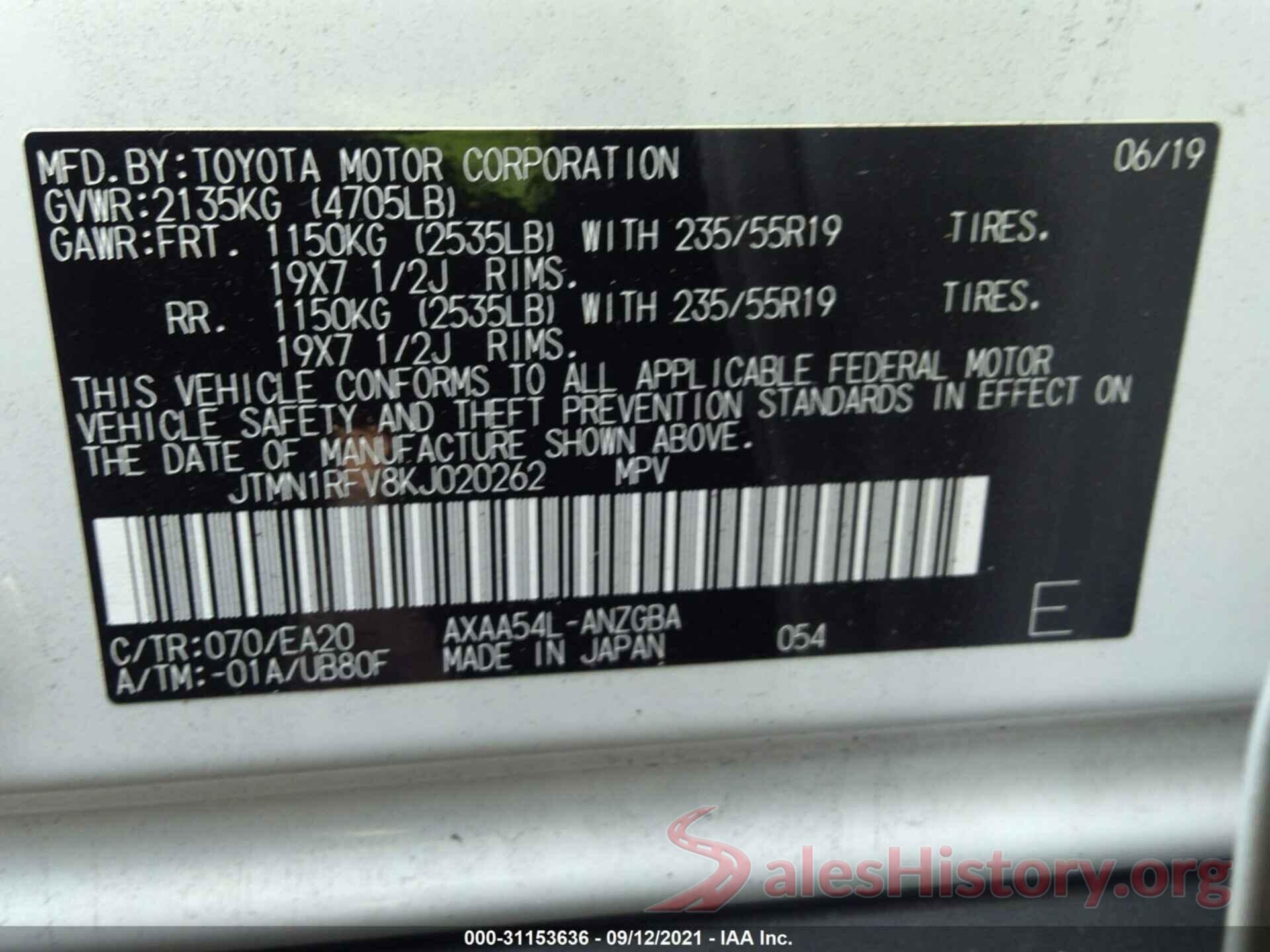 JTMN1RFV8KJ020262 2019 TOYOTA RAV4