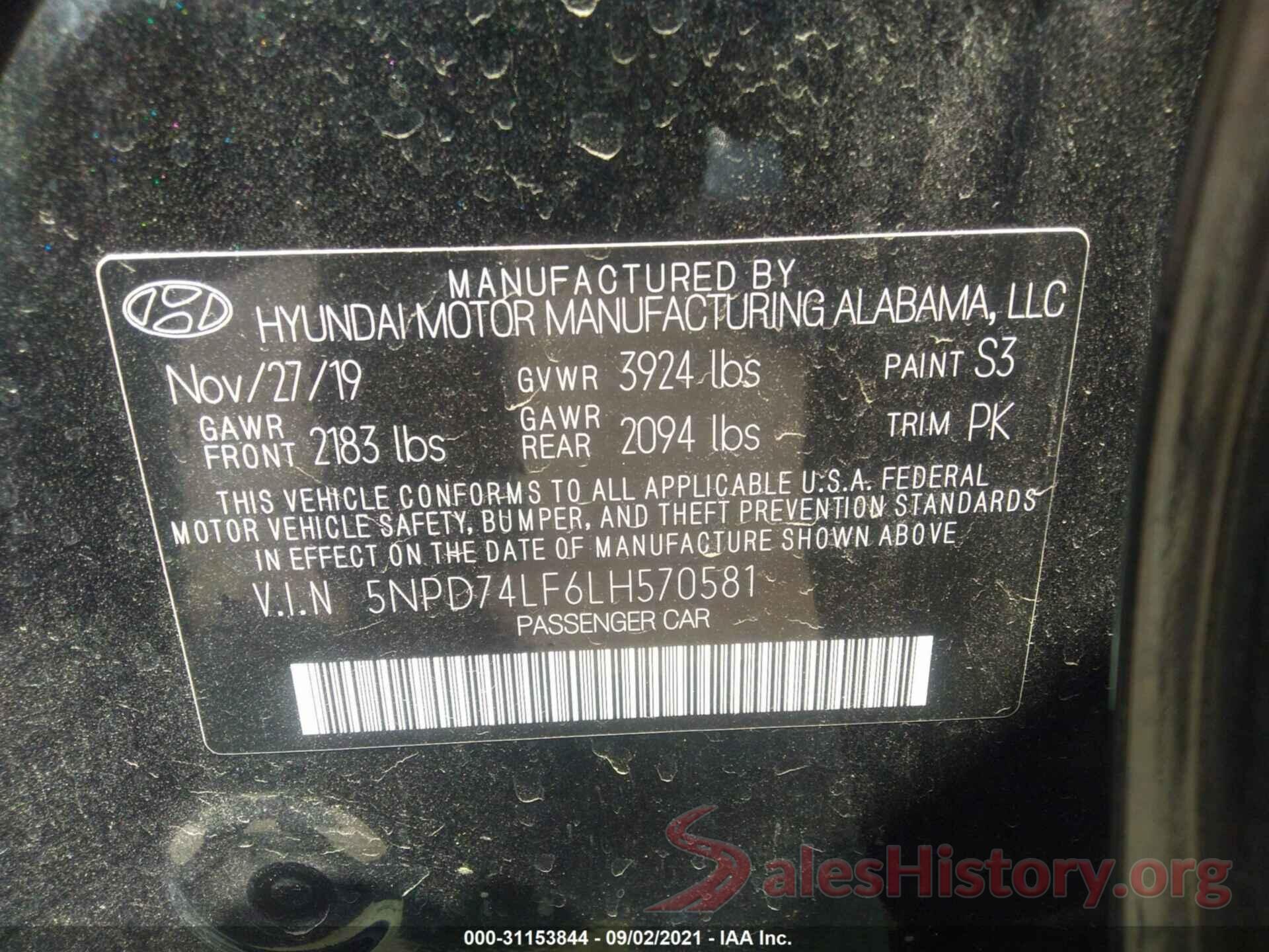 5NPD74LF6LH570581 2020 HYUNDAI ELANTRA