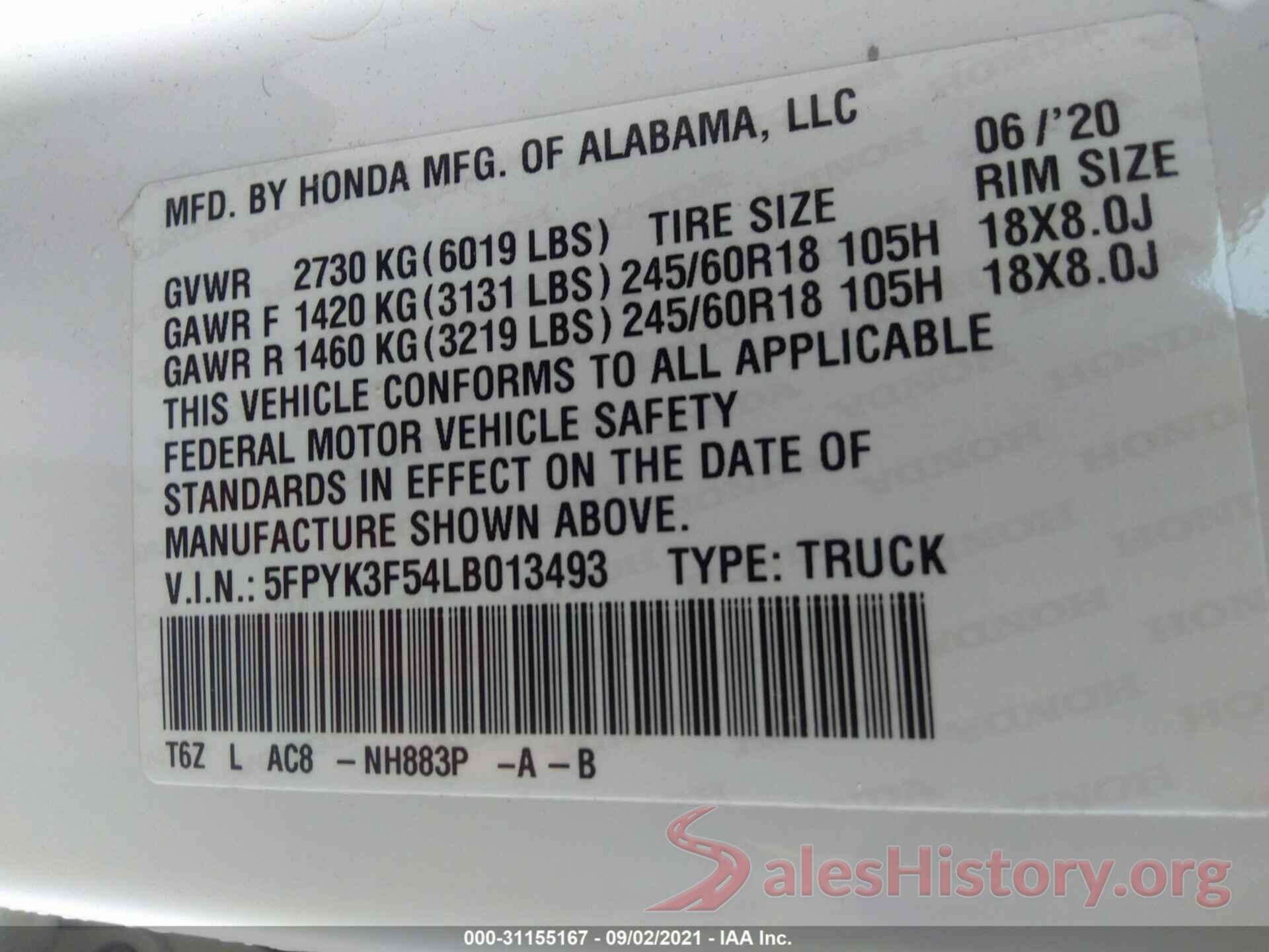 5FPYK3F54LB013493 2020 HONDA RIDGELINE