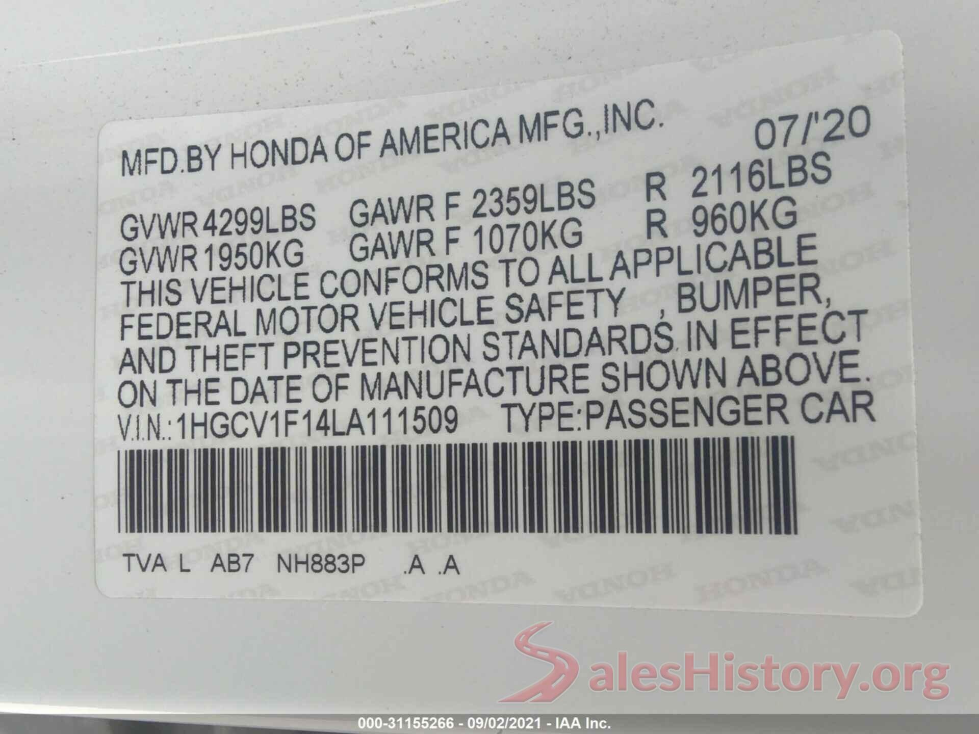 1HGCV1F14LA111509 2020 HONDA ACCORD SEDAN