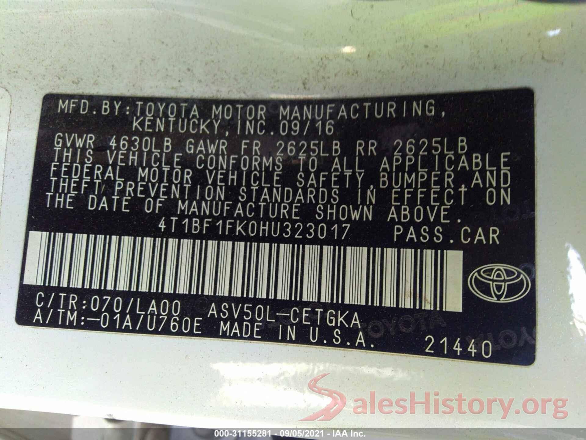 4T1BF1FK0HU323017 2017 TOYOTA CAMRY