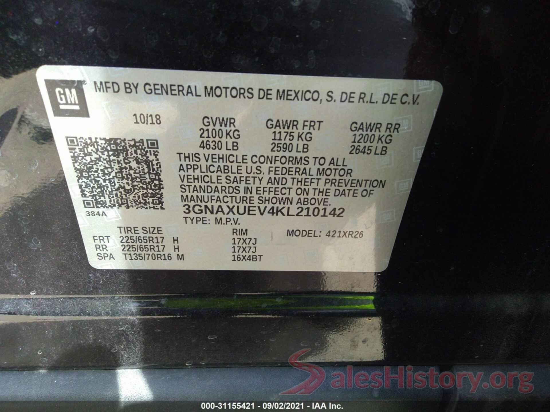 3GNAXUEV4KL210142 2019 CHEVROLET EQUINOX