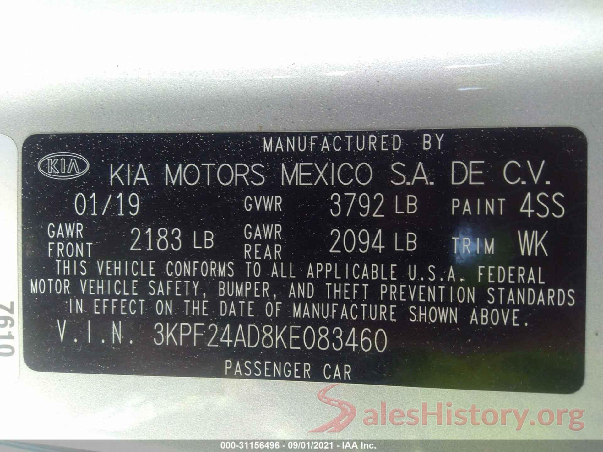 3KPF24AD8KE083460 2019 KIA FORTE