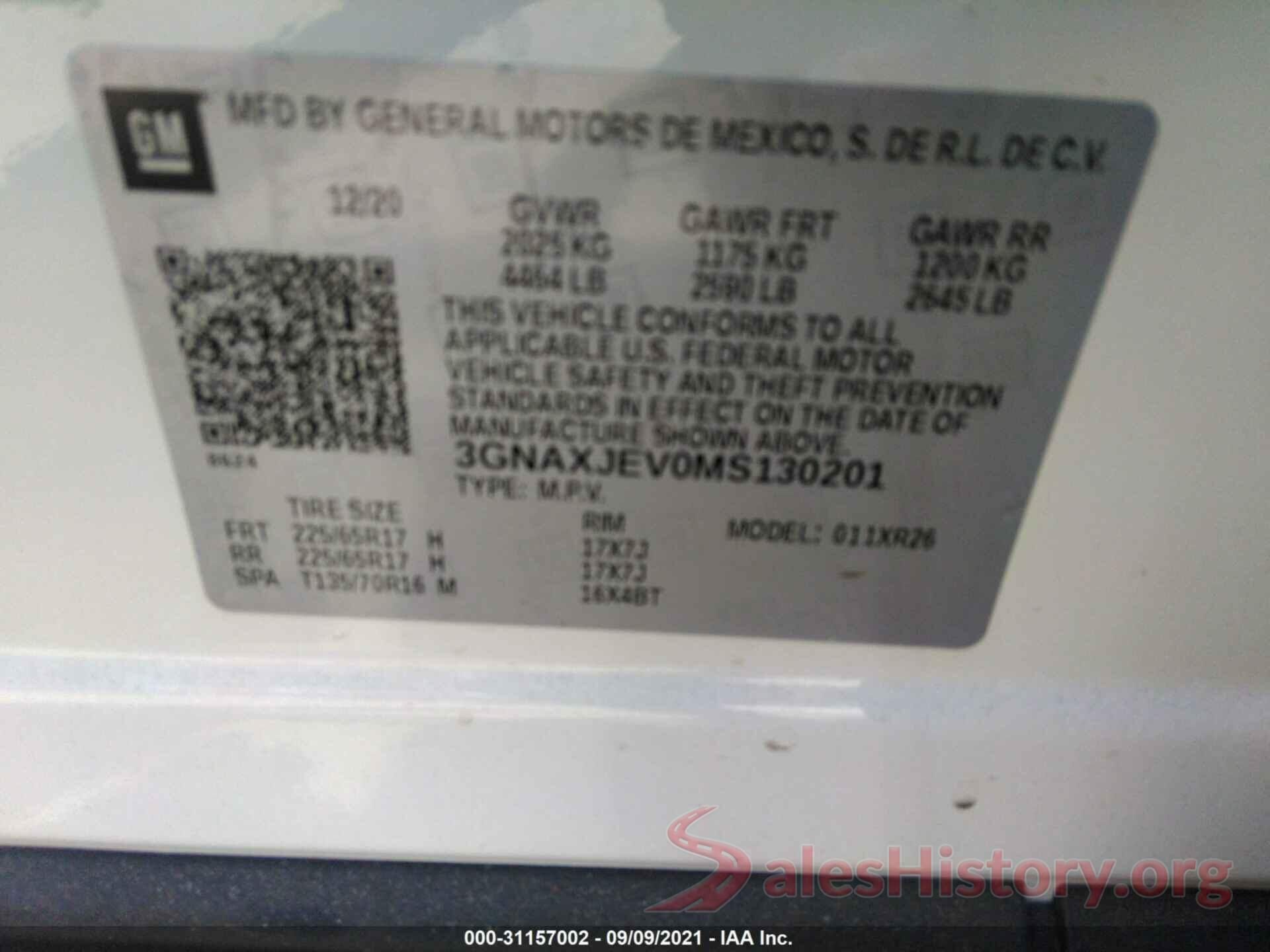 3GNAXJEV0MS130201 2021 CHEVROLET EQUINOX