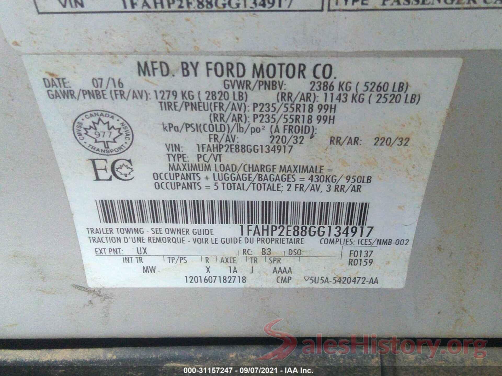 1FAHP2E88GG134917 2016 FORD TAURUS