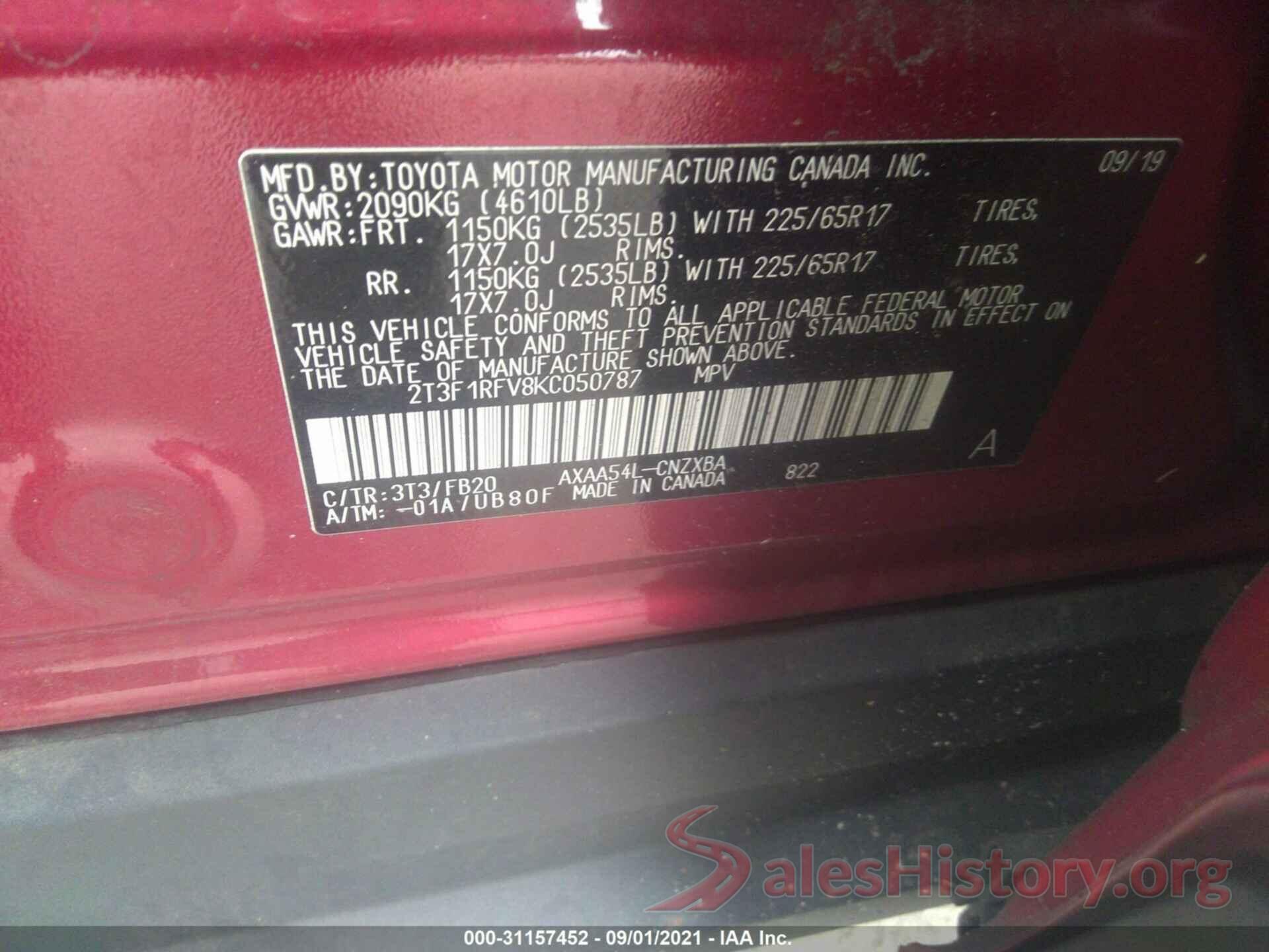 2T3F1RFV8KC050787 2019 TOYOTA RAV4