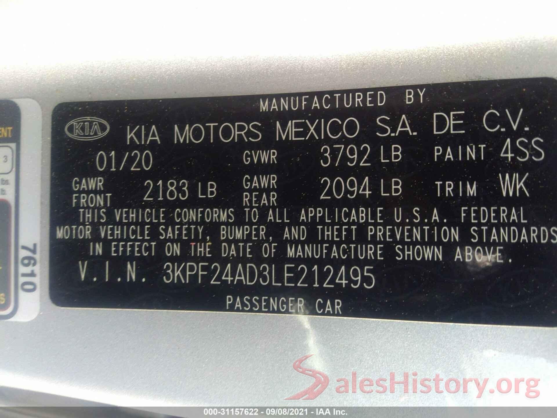 3KPF24AD3LE212495 2020 KIA FORTE