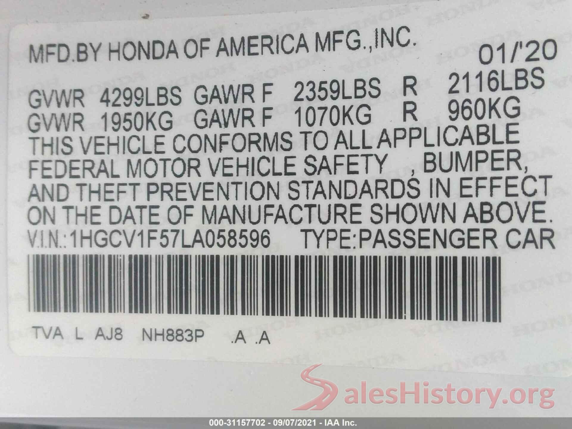 1HGCV1F57LA058596 2020 HONDA ACCORD SEDAN