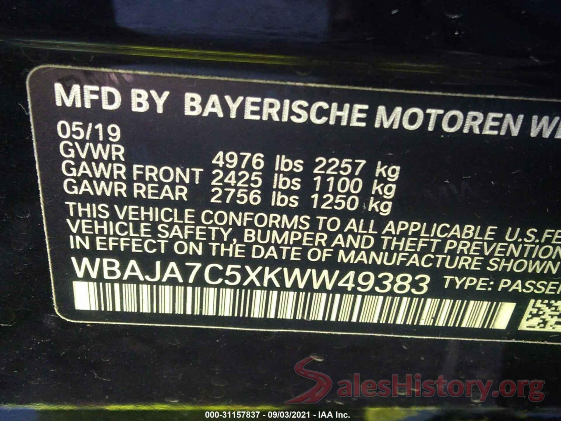 WBAJA7C5XKWW49383 2019 BMW 5 SERIES