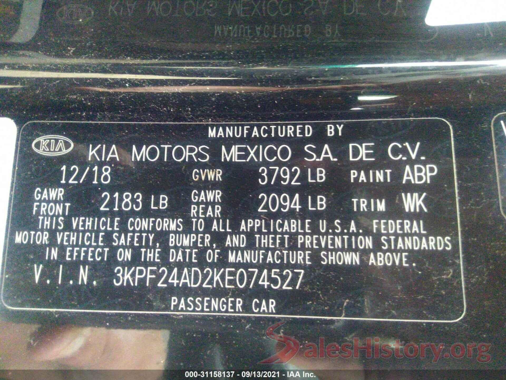 3KPF24AD2KE074527 2019 KIA FORTE