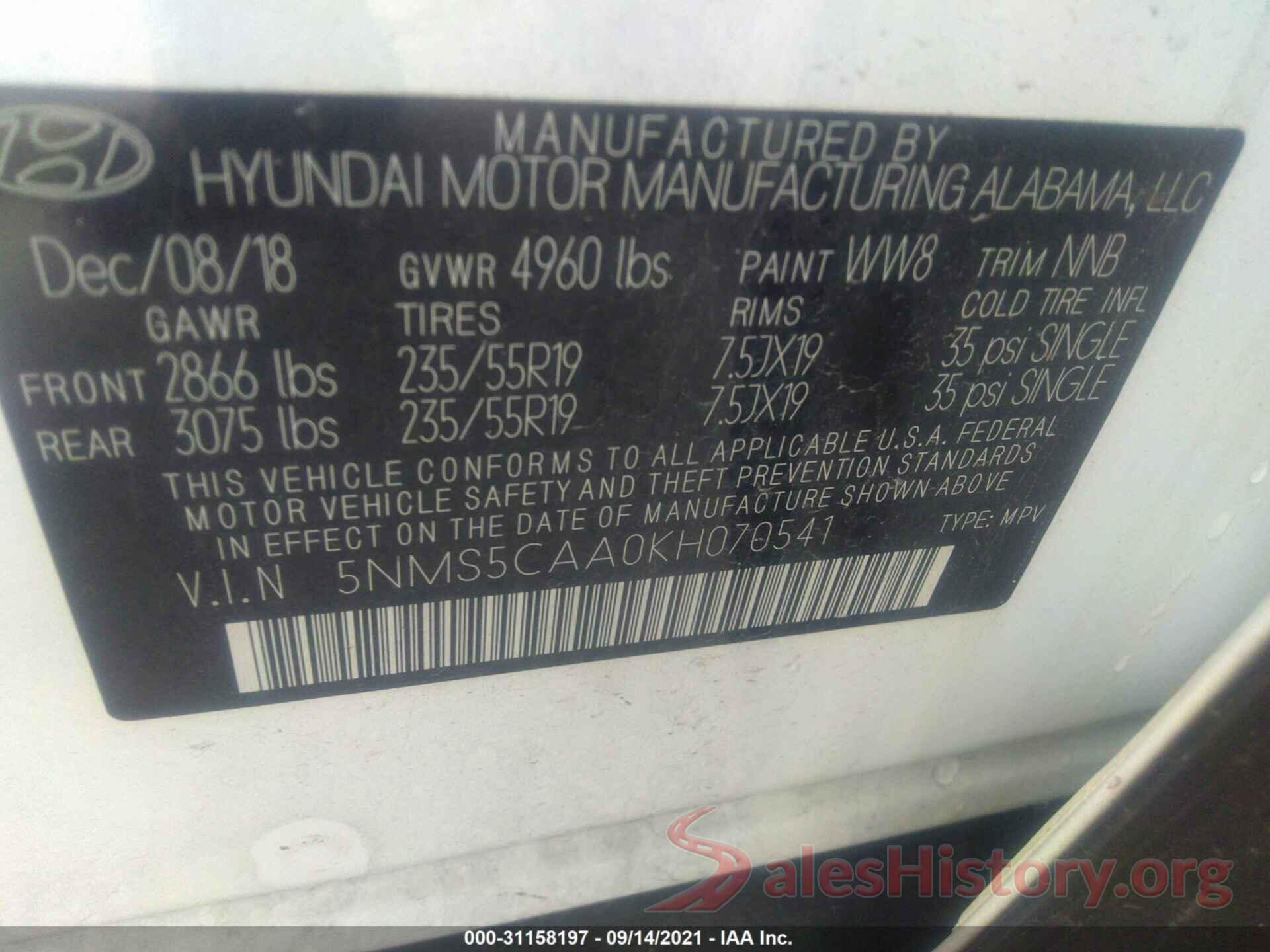 5NMS5CAA0KH070541 2019 HYUNDAI SANTA FE