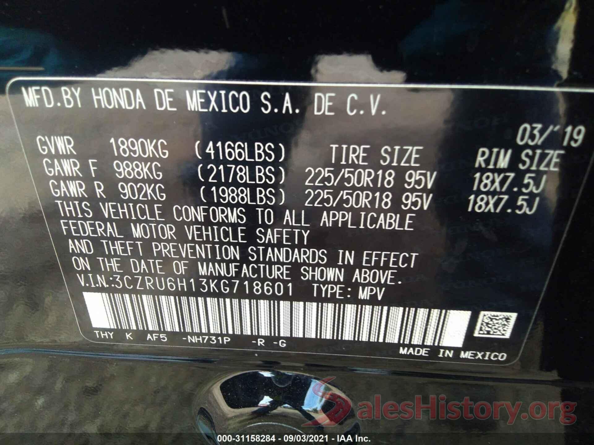 3CZRU6H13KG718601 2019 HONDA HR-V