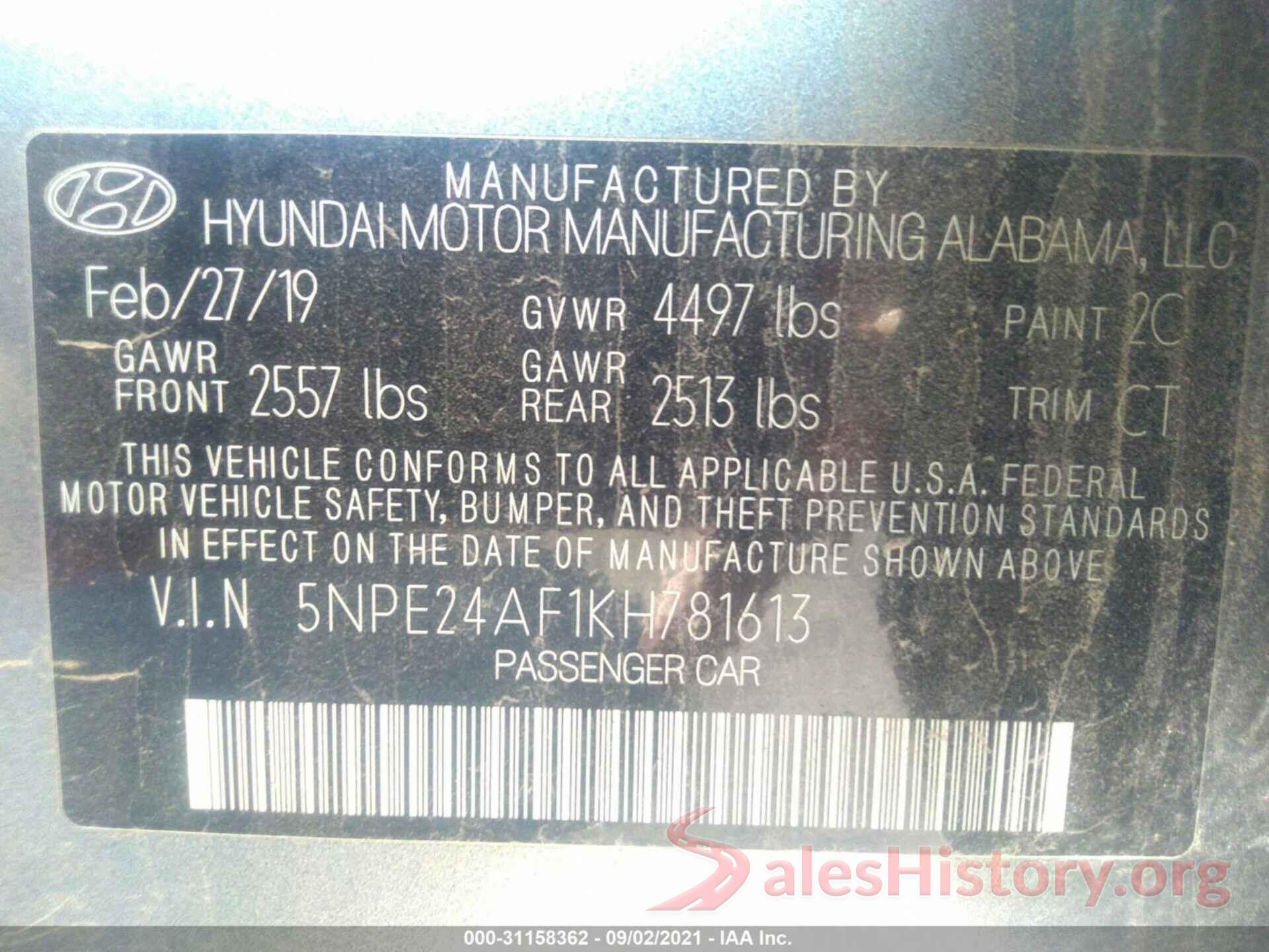 5NPE24AF1KH781613 2019 HYUNDAI SONATA