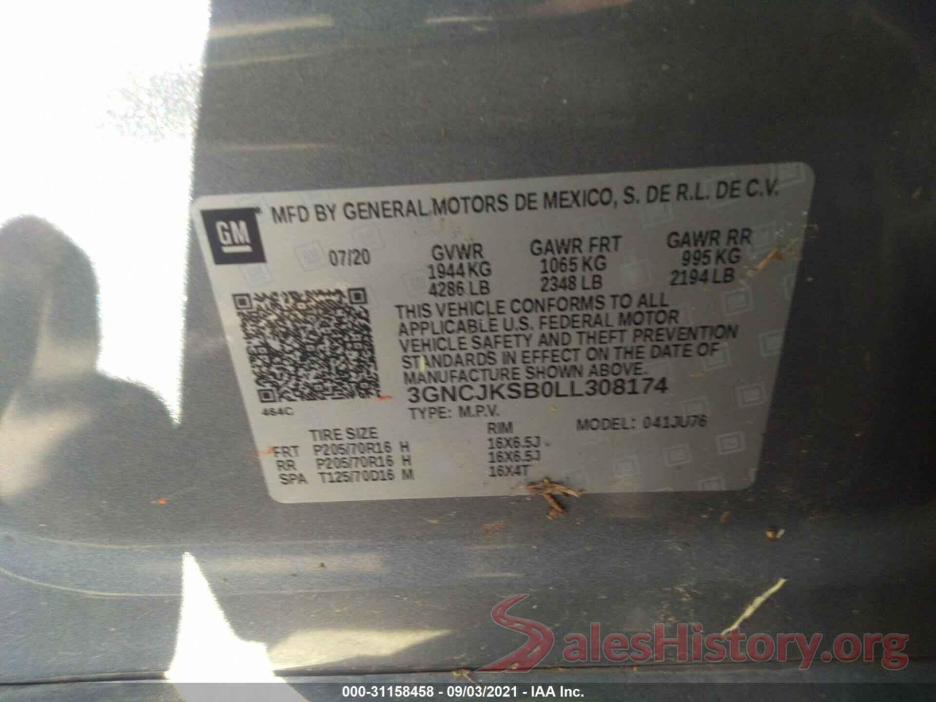 3GNCJKSB0LL308174 2020 CHEVROLET TRAX