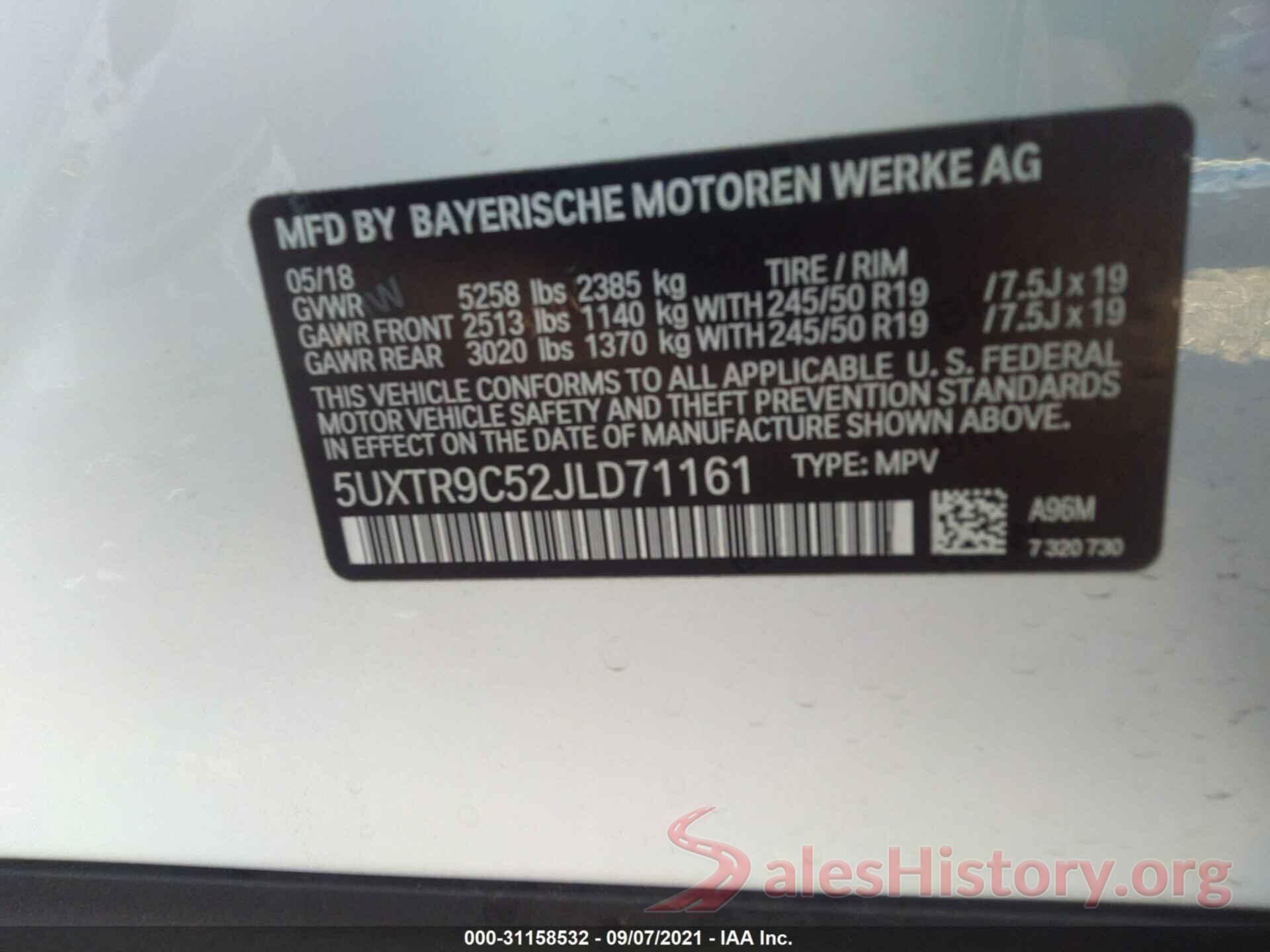 5UXTR9C52JLD71161 2018 BMW X3