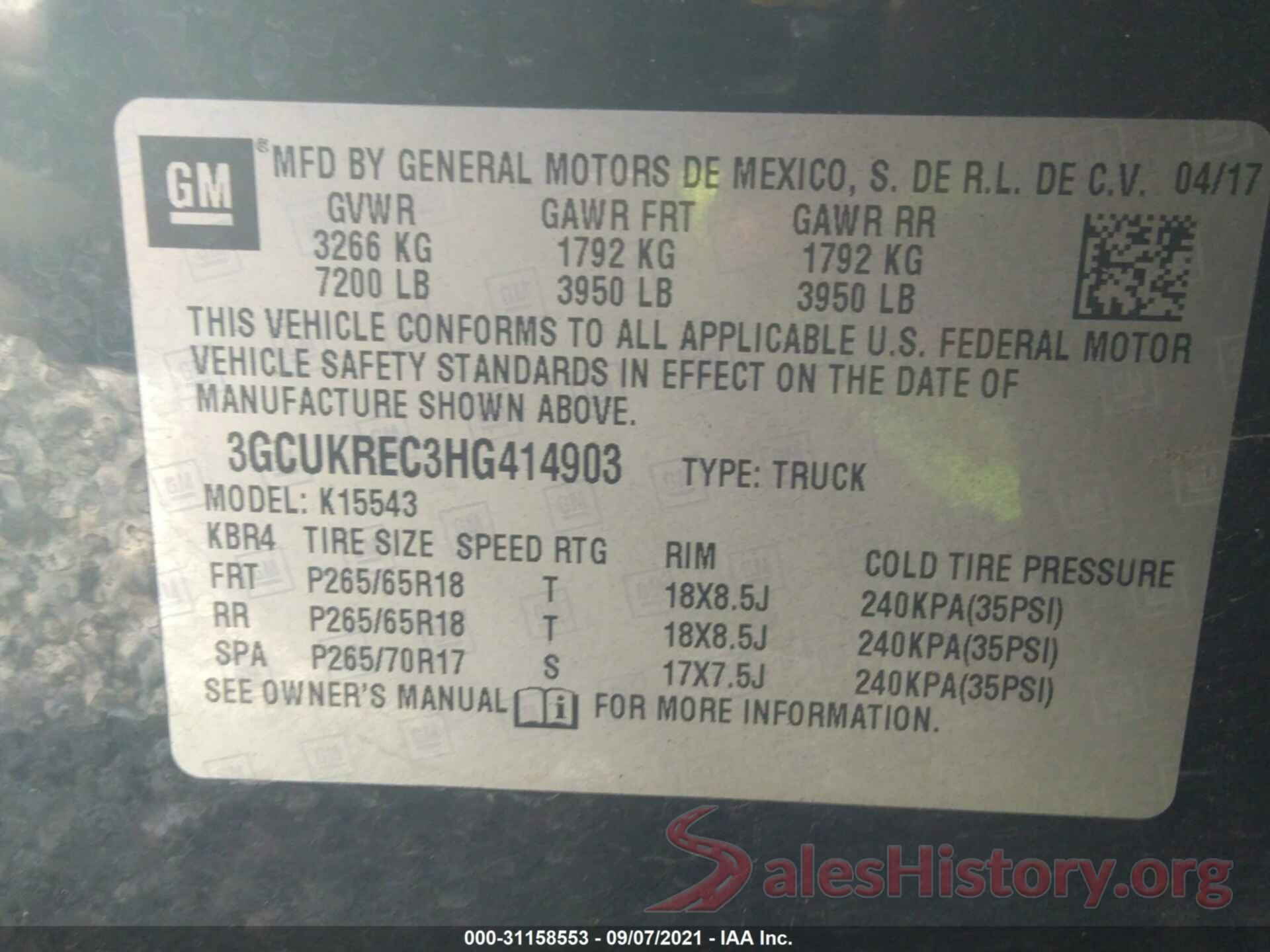 3GCUKREC3HG414903 2017 CHEVROLET SILVERADO 1500