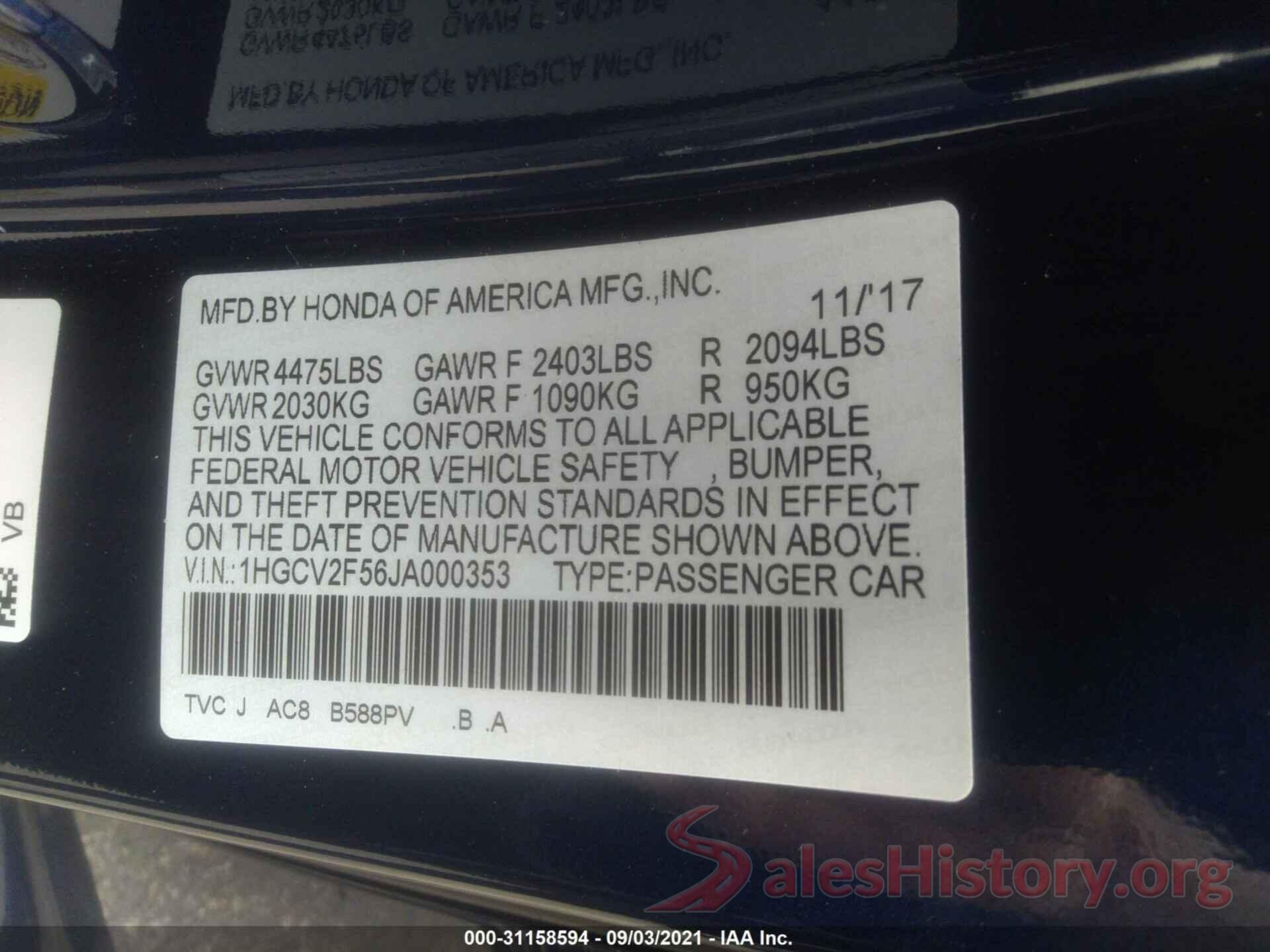 1HGCV2F56JA000353 2018 HONDA ACCORD SEDAN