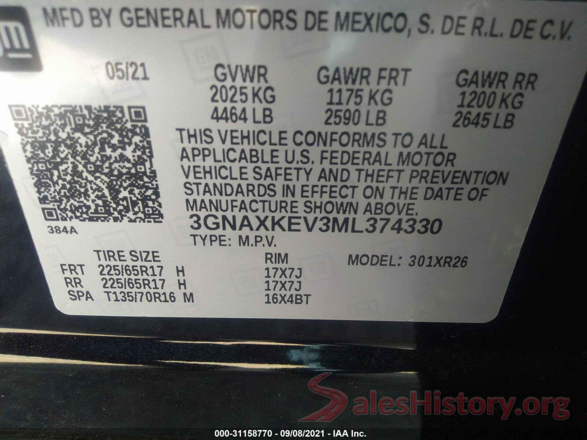 3GNAXKEV3ML374330 2021 CHEVROLET EQUINOX