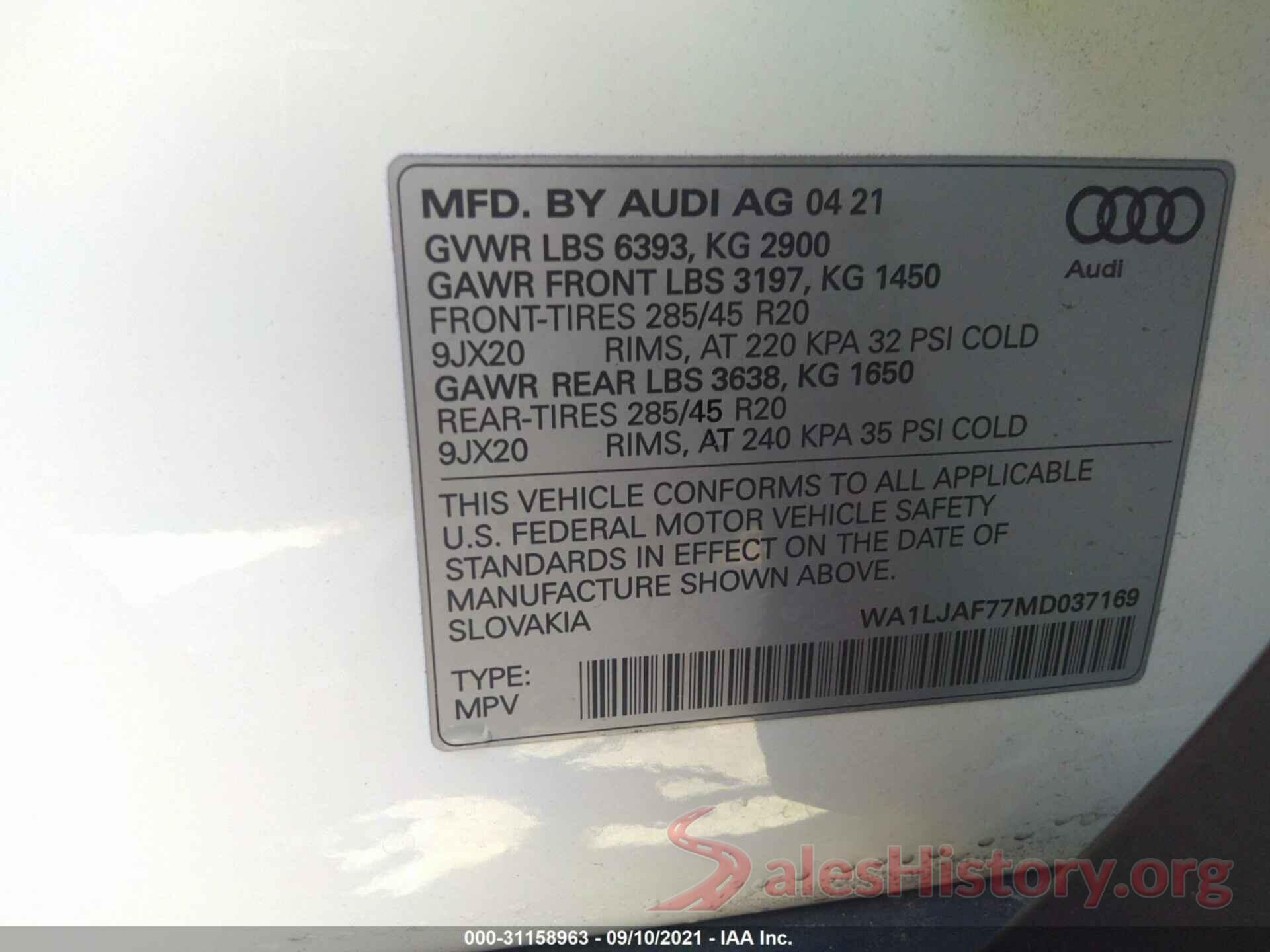 WA1LJAF77MD037169 2021 AUDI Q7