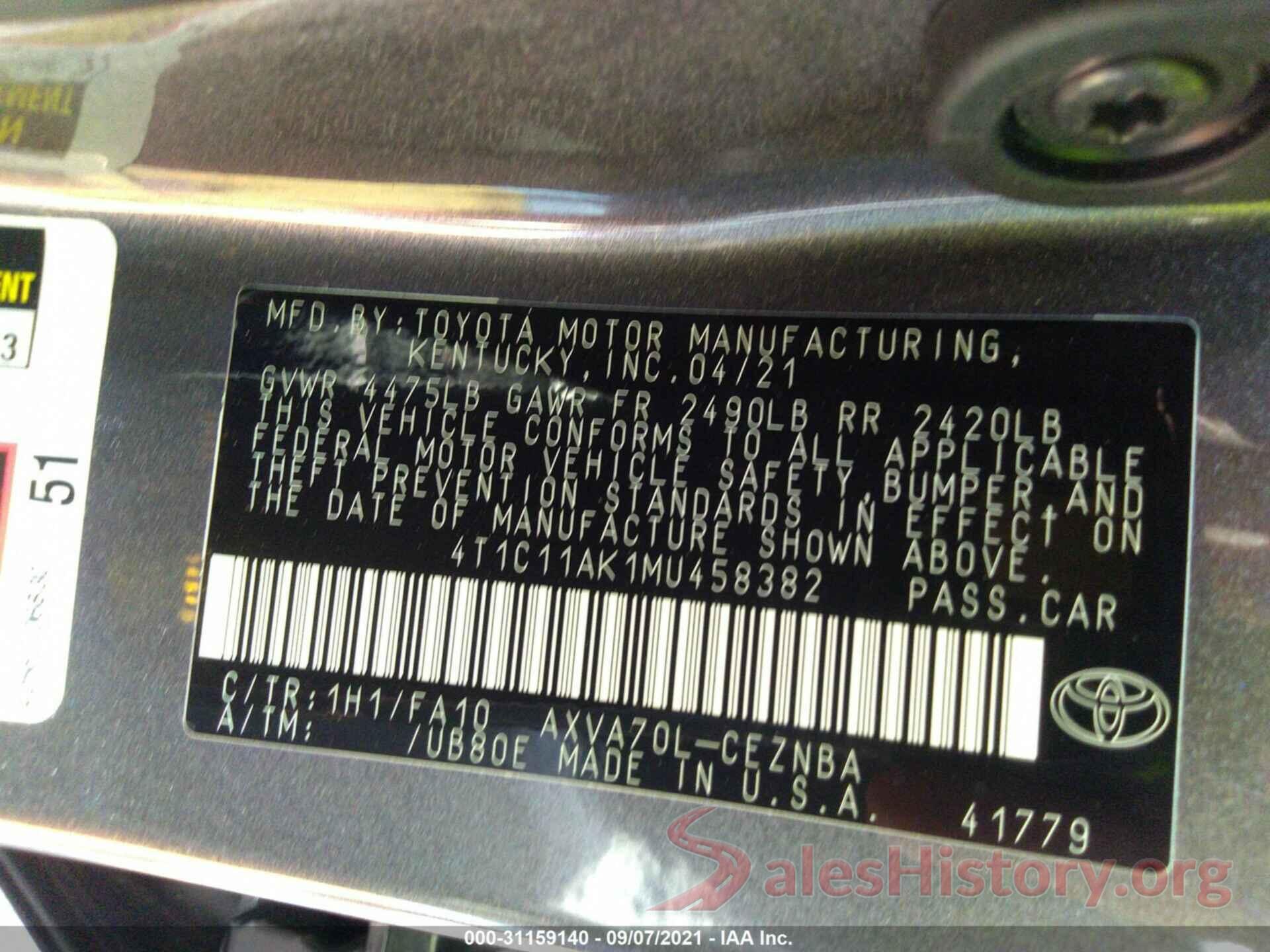 4T1C11AK1MU458382 2021 TOYOTA CAMRY