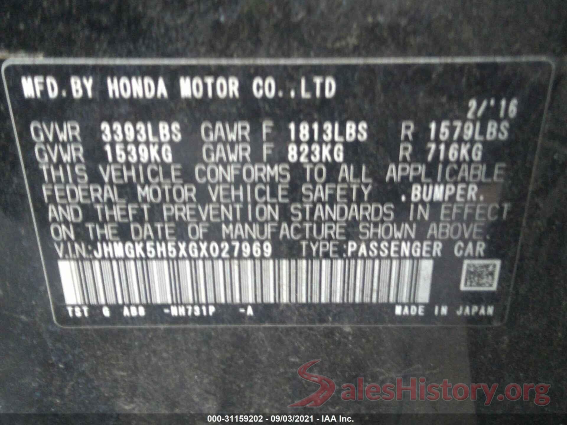 JHMGK5H5XGX027969 2016 HONDA FIT