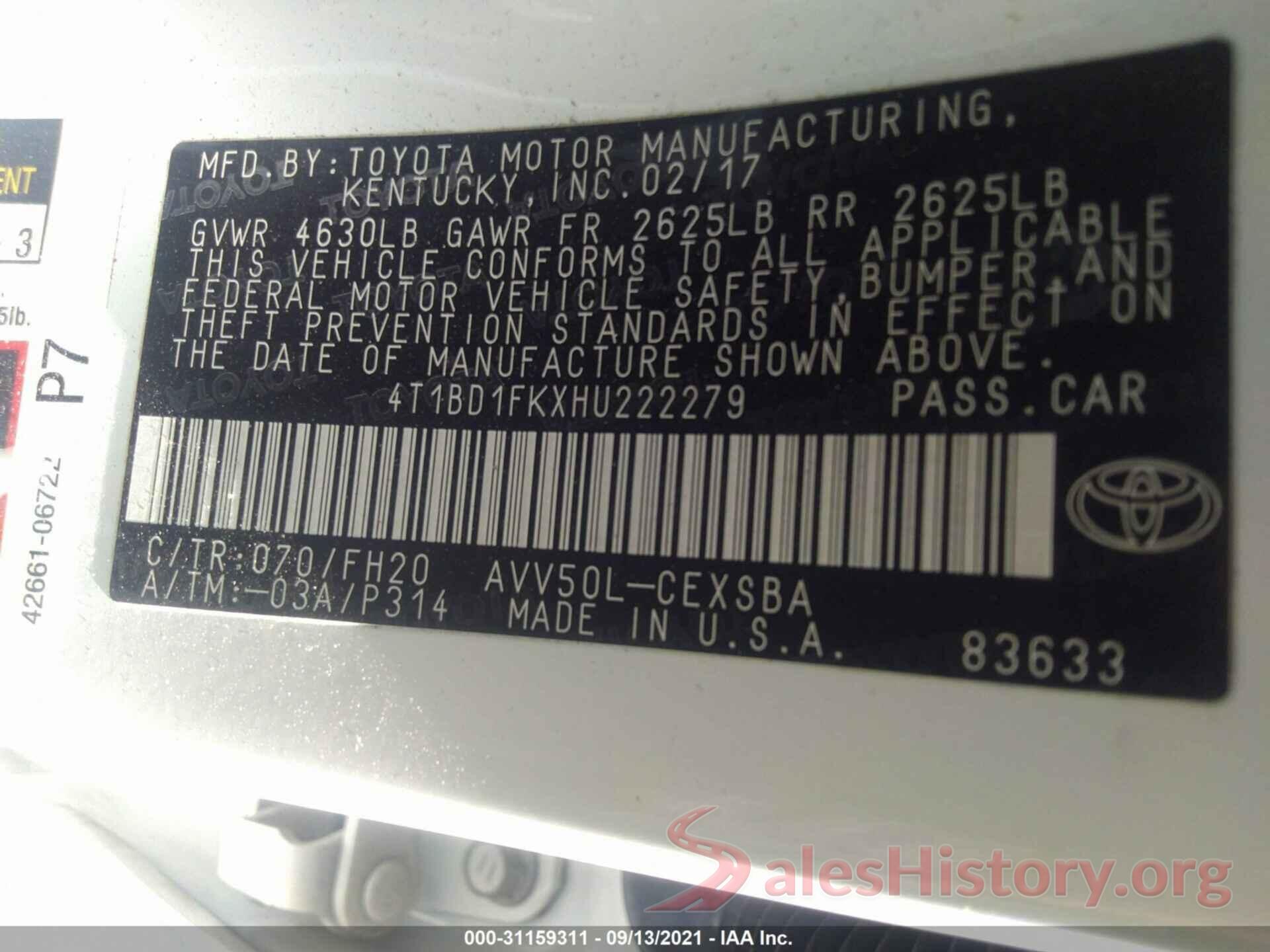 4T1BD1FKXHU222279 2017 TOYOTA CAMRY