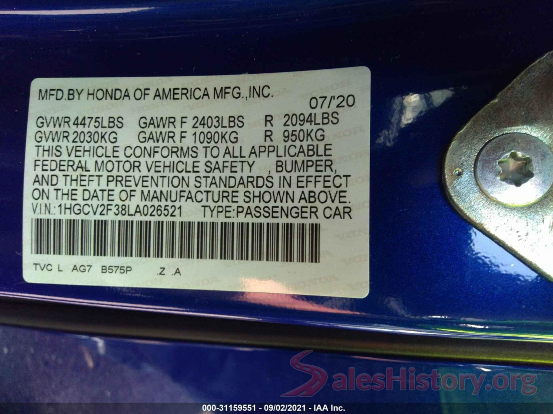 1HGCV2F38LA026521 2020 HONDA ACCORD SEDAN