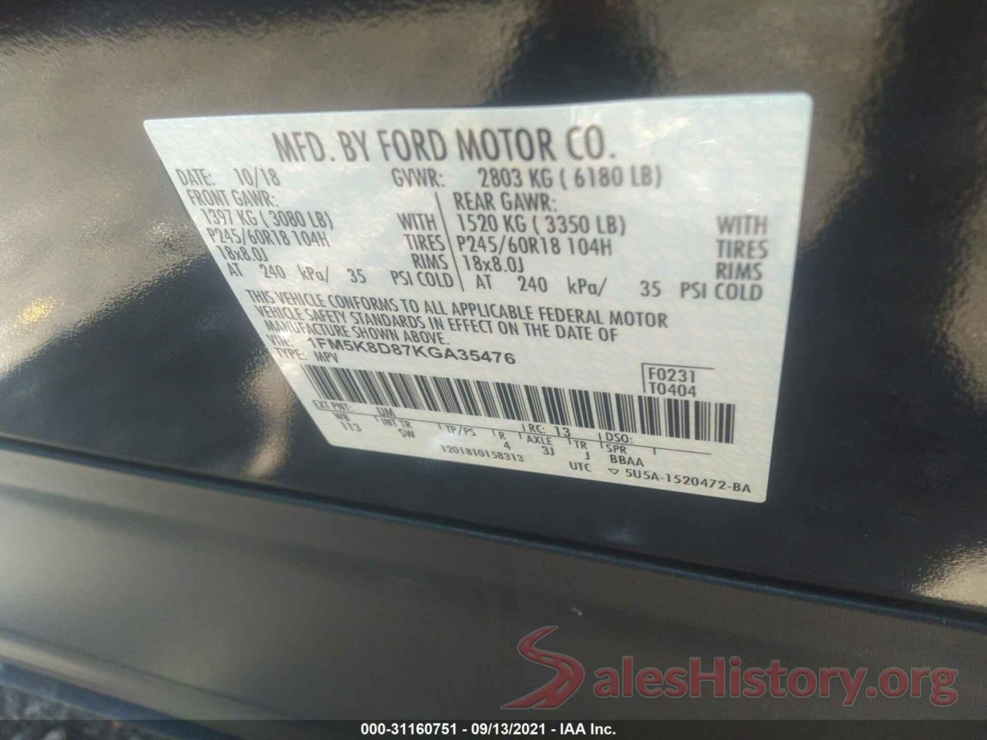 1FM5K8D87KGA35476 2019 FORD EXPLORER