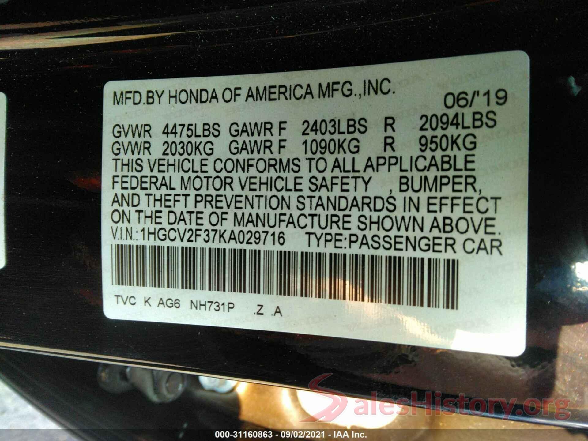 1HGCV2F37KA029716 2019 HONDA ACCORD SEDAN