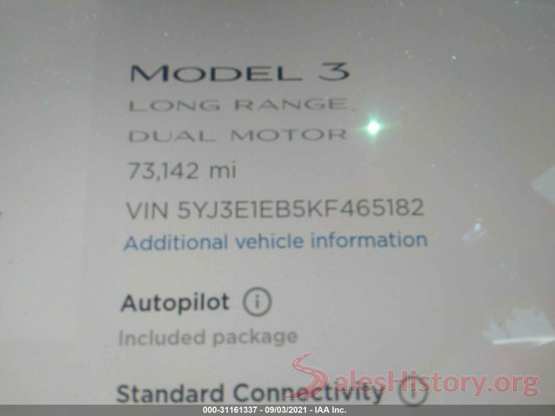 5YJ3E1EB5KF465182 2019 TESLA MODEL 3