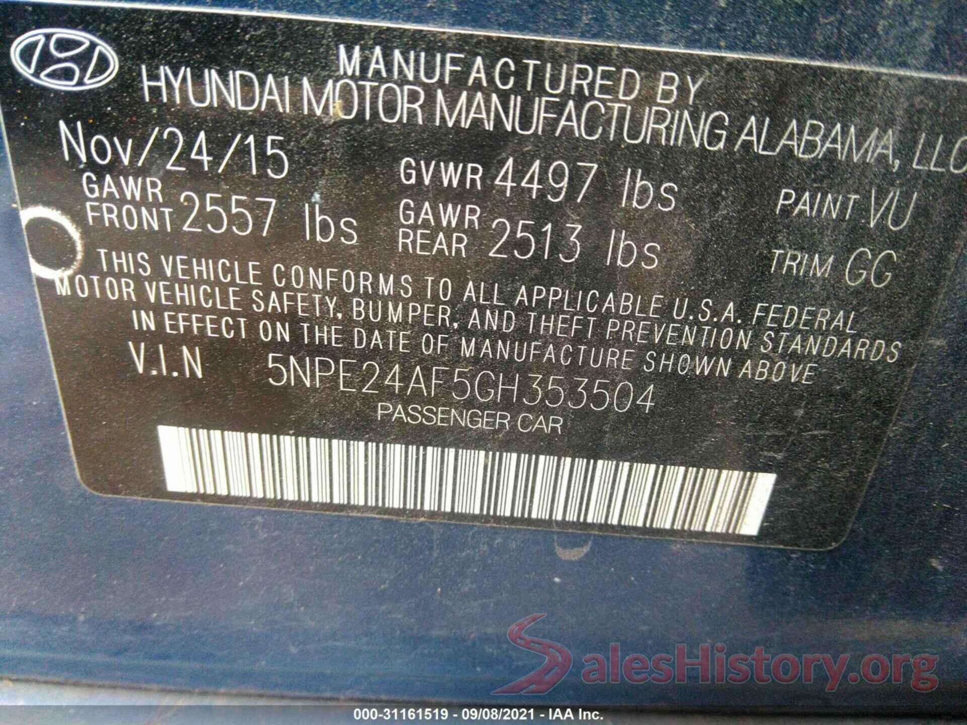 5NPE24AF5GH353504 2016 HYUNDAI SONATA