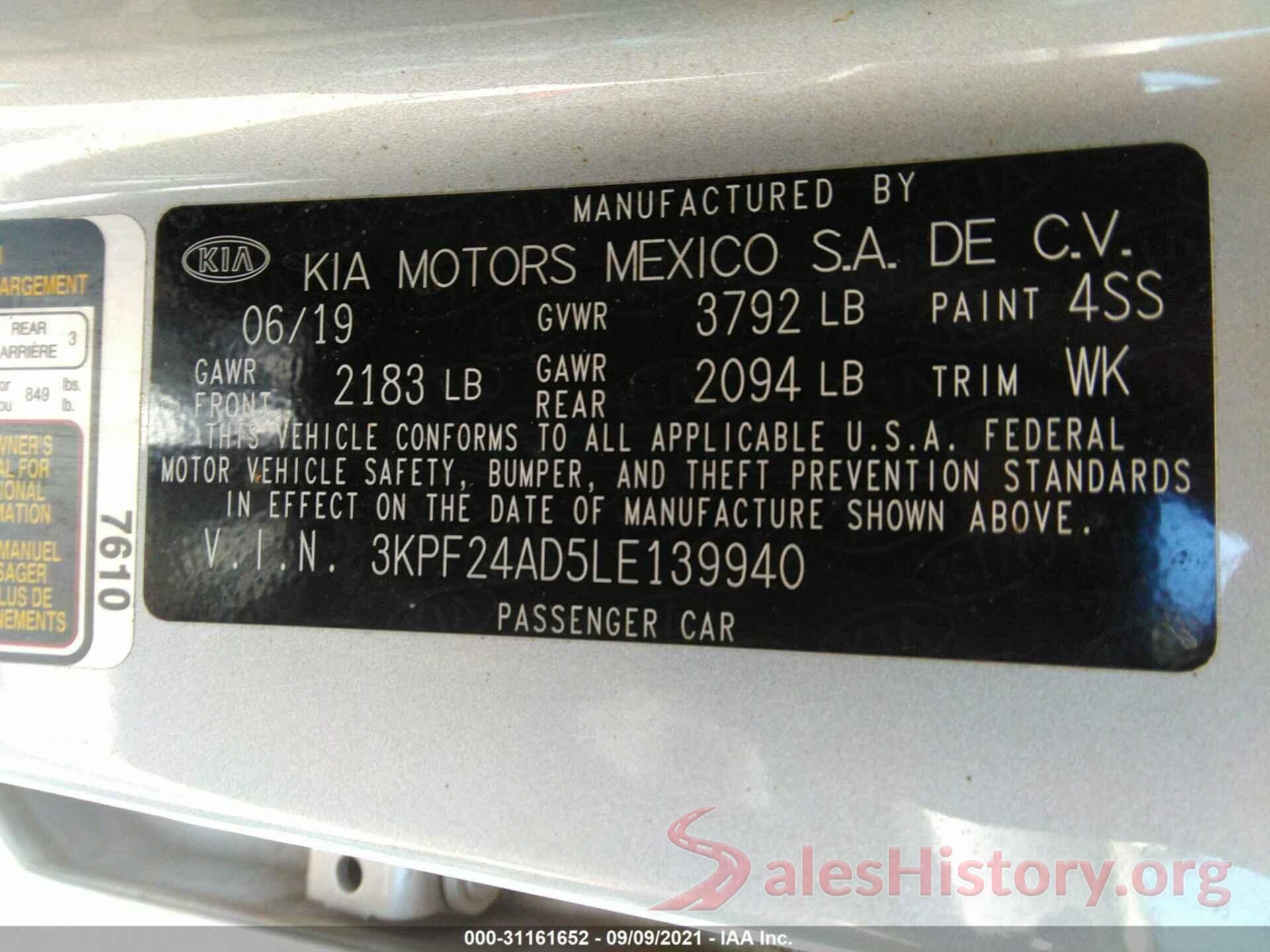 3KPF24AD5LE139940 2020 KIA FORTE