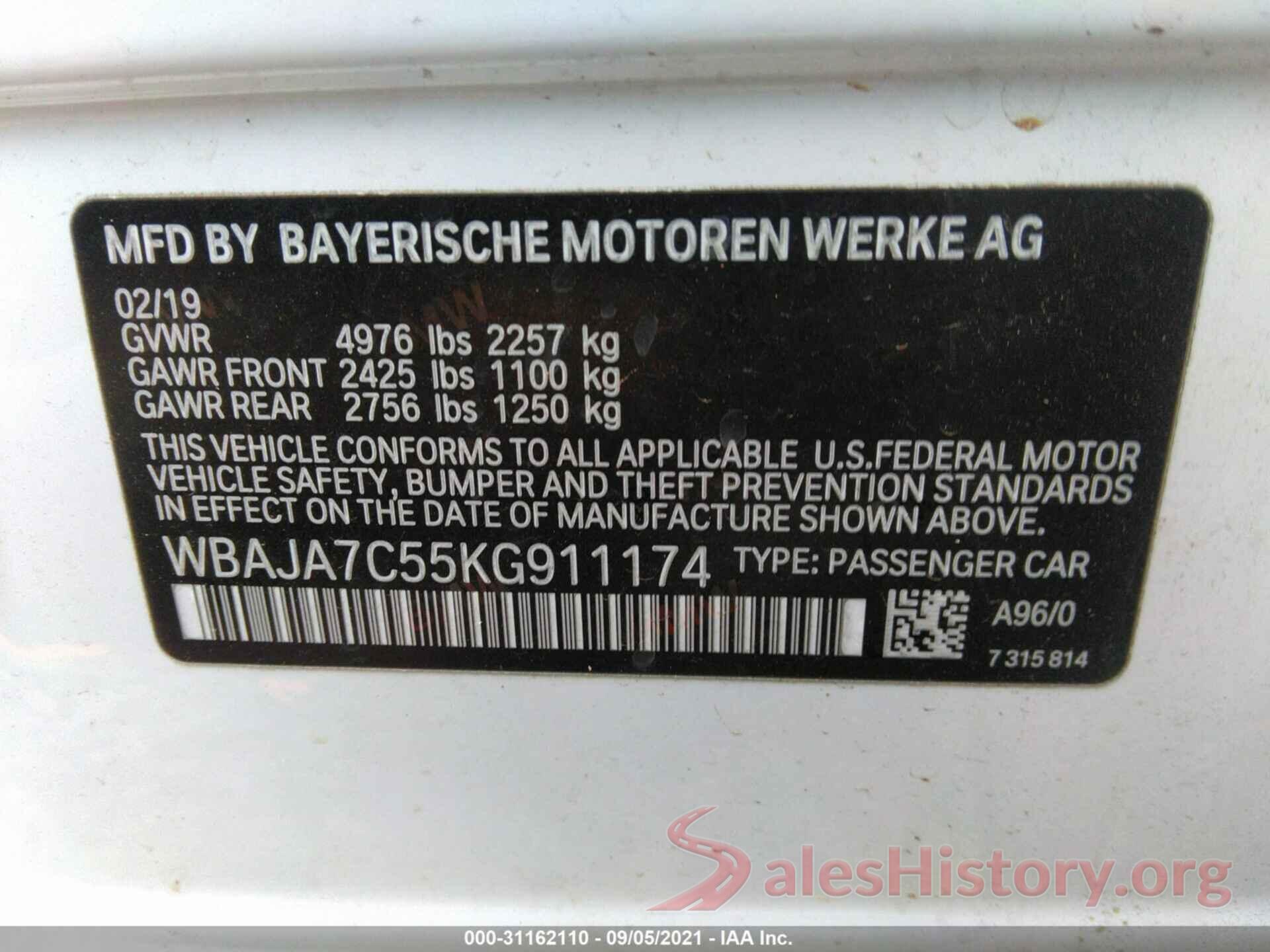 WBAJA7C55KG911174 2019 BMW 5 SERIES