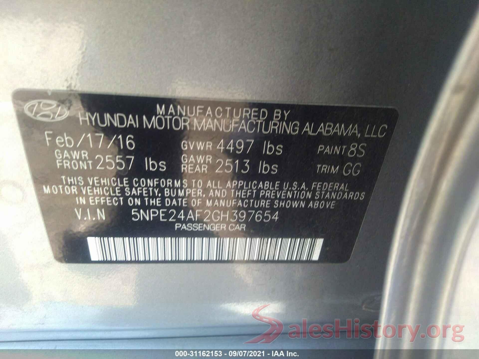 5NPE24AF2GH397654 2016 HYUNDAI SONATA