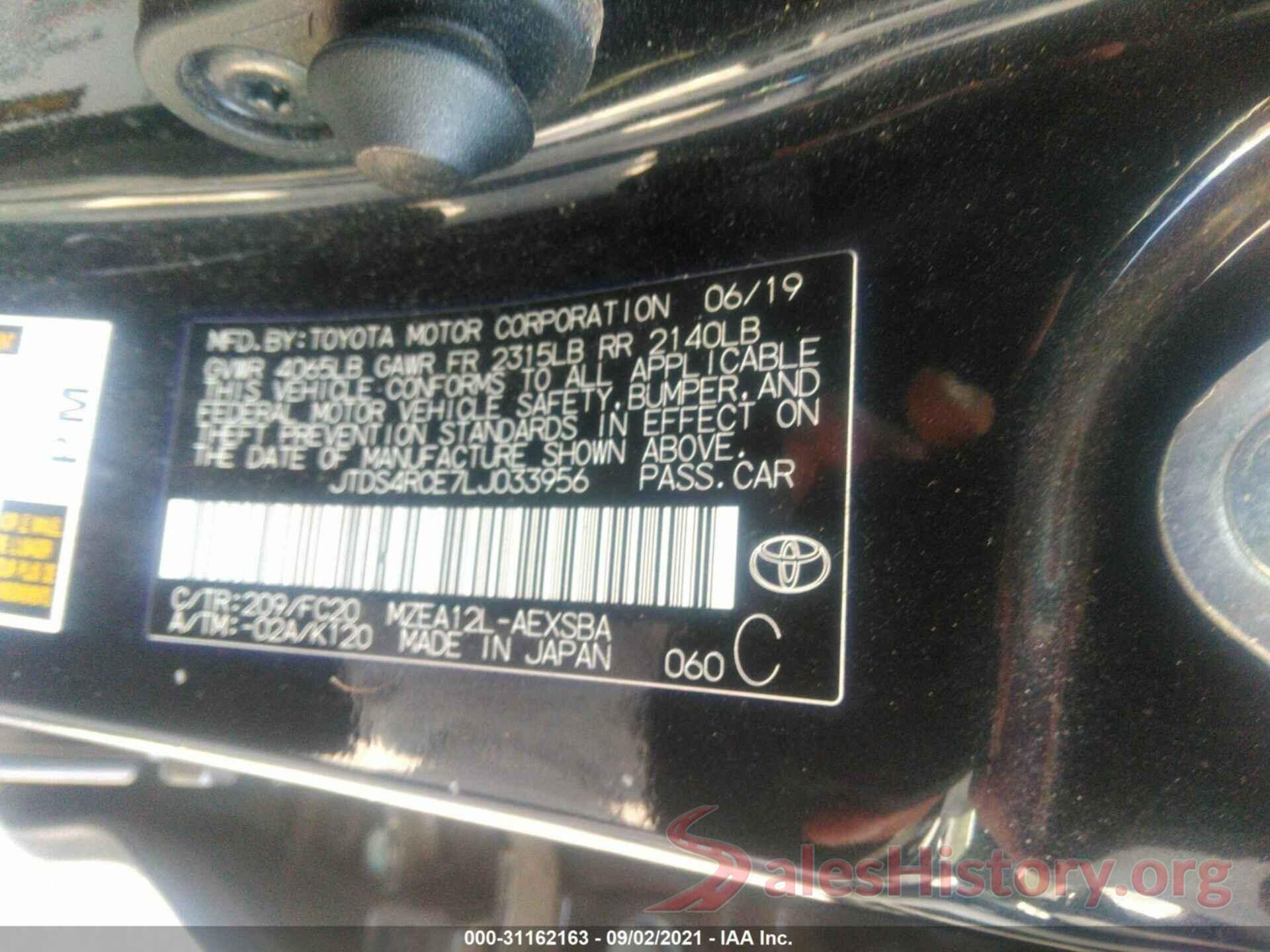 JTDS4RCE7LJ033956 2020 TOYOTA COROLLA