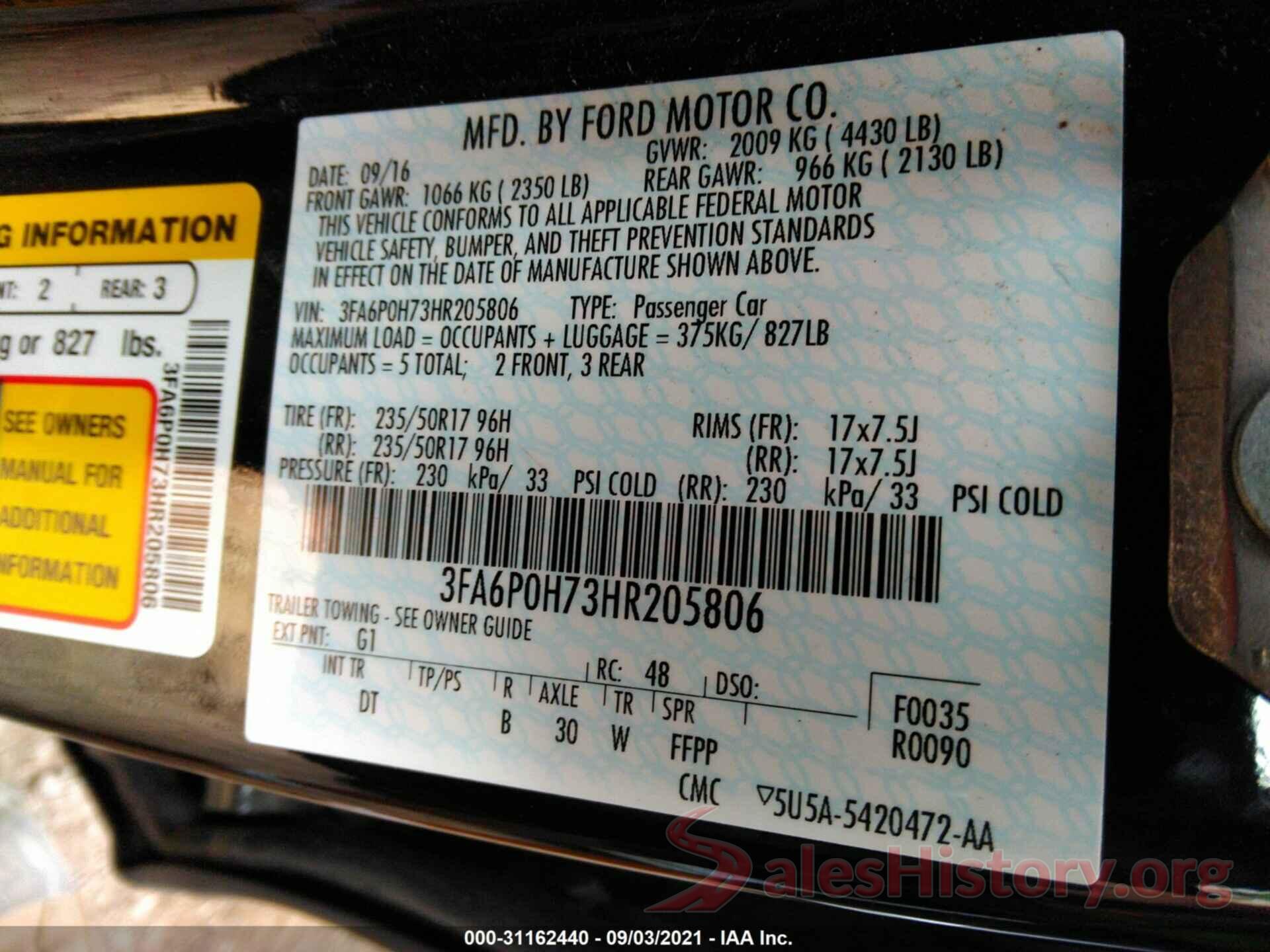 3FA6P0H73HR205806 2017 FORD FUSION