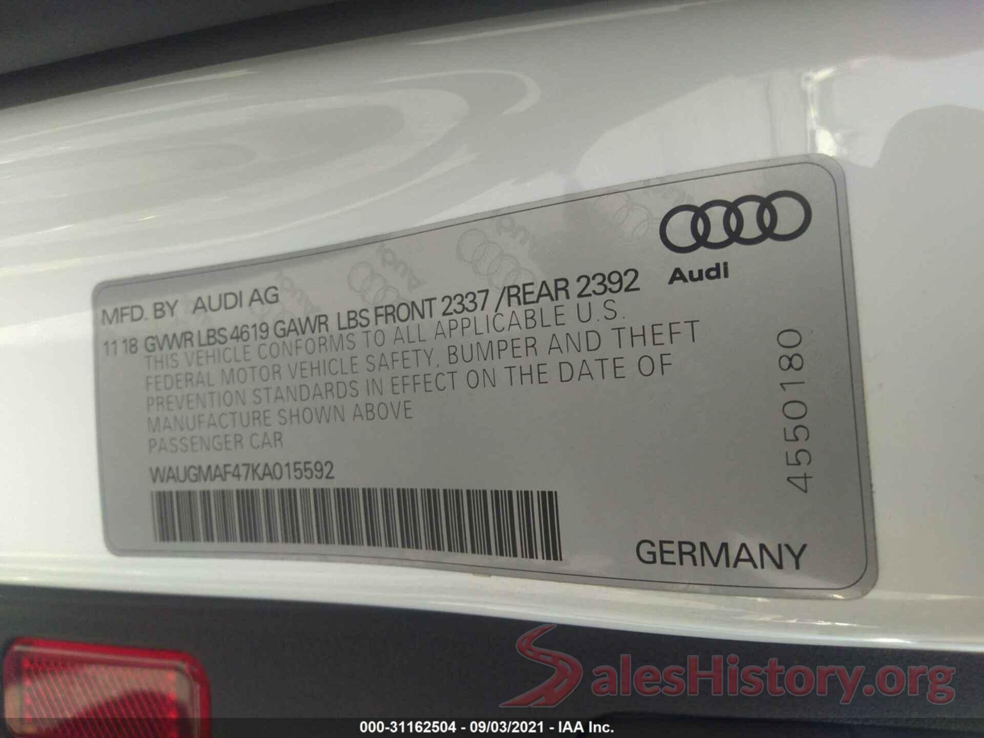 WAUGMAF47KA015592 2019 AUDI A4