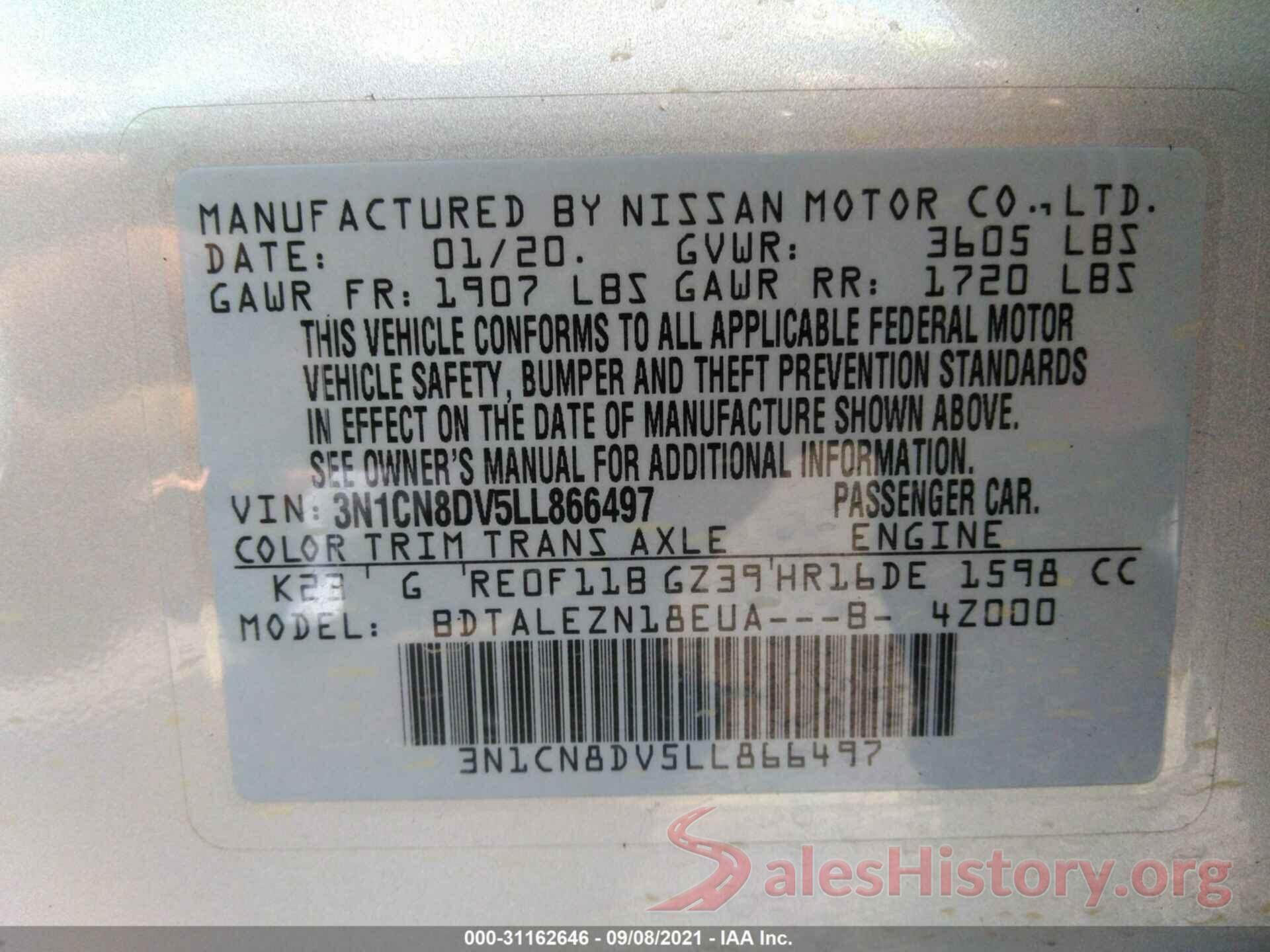 3N1CN8DV5LL866497 2020 NISSAN VERSA