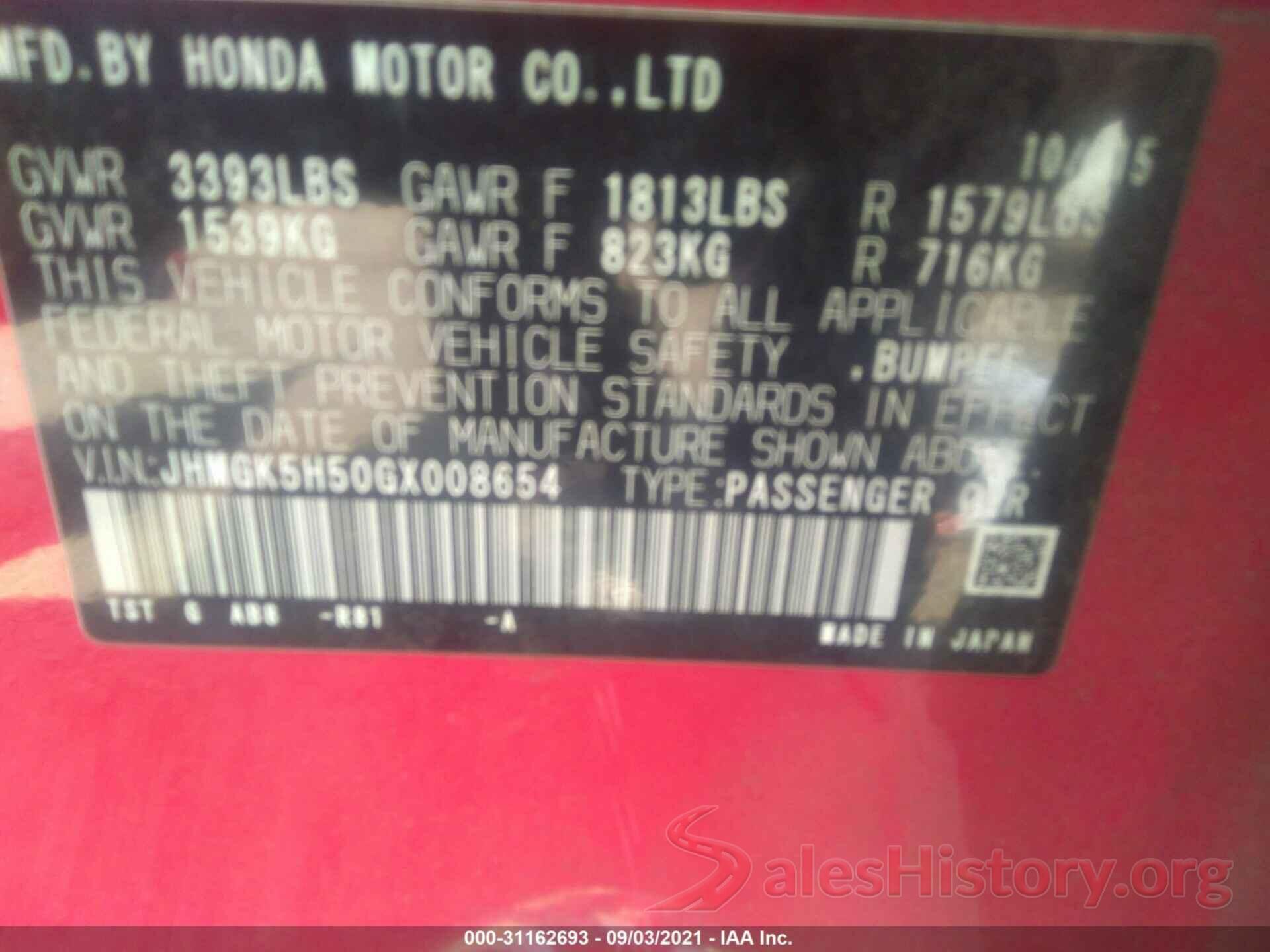 JHMGK5H50GX008654 2016 HONDA FIT