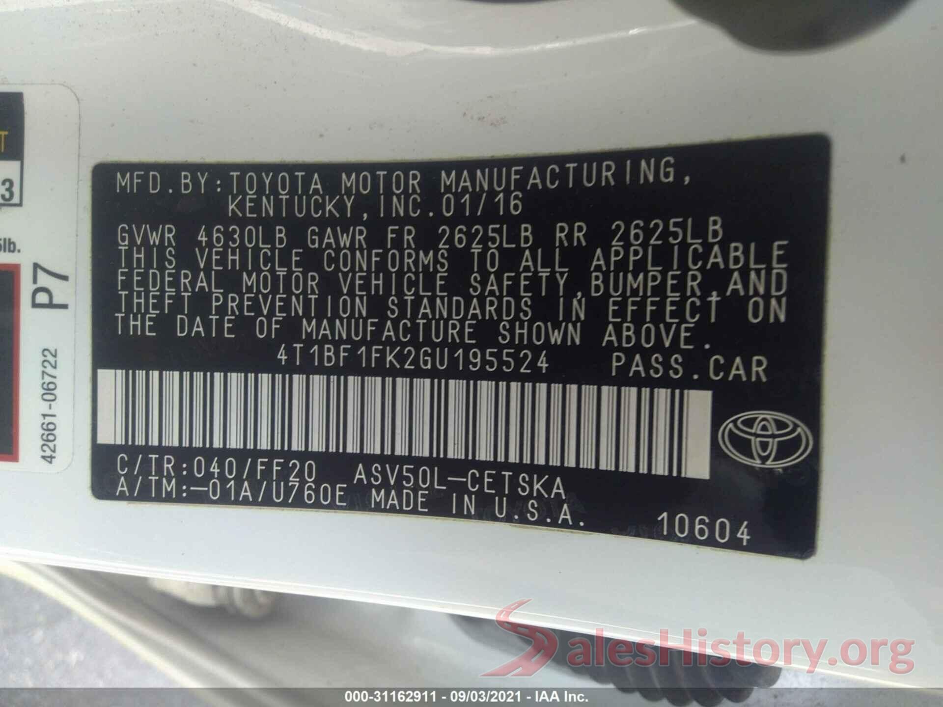 4T1BF1FK2GU195524 2016 TOYOTA CAMRY