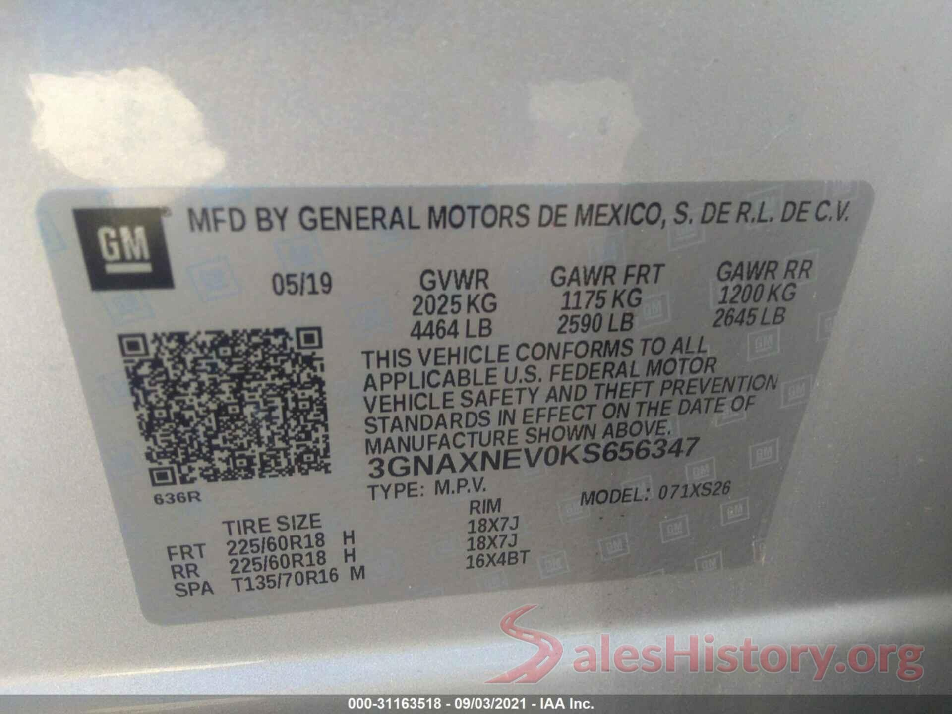 3GNAXNEV0KS656347 2019 CHEVROLET EQUINOX