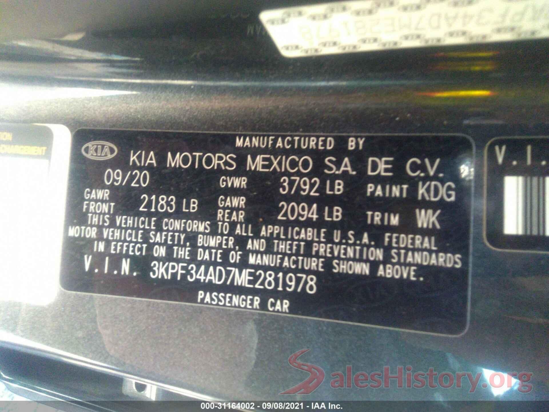 3KPF34AD7ME281978 2021 KIA FORTE