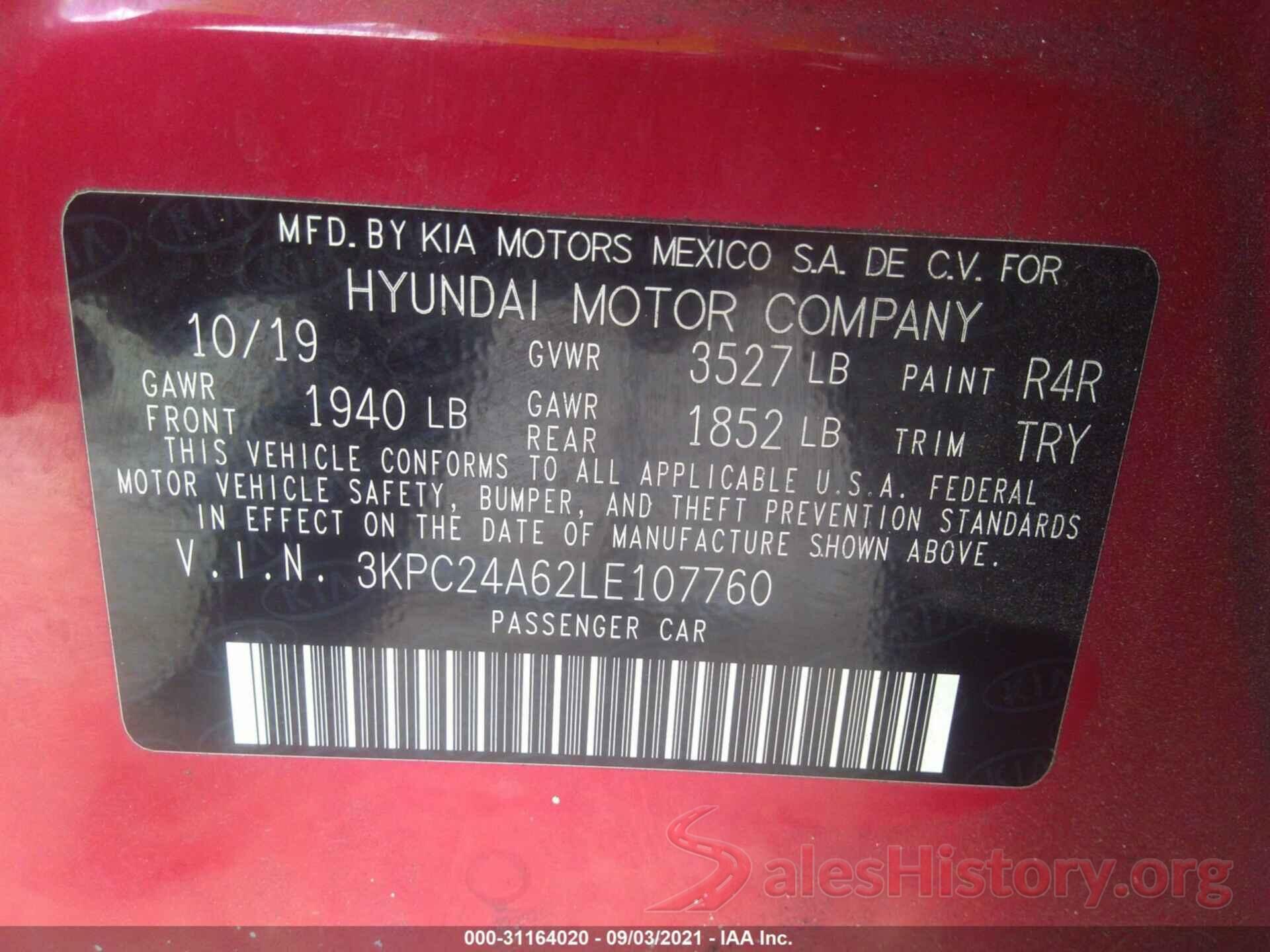 3KPC24A62LE107760 2020 HYUNDAI ACCENT