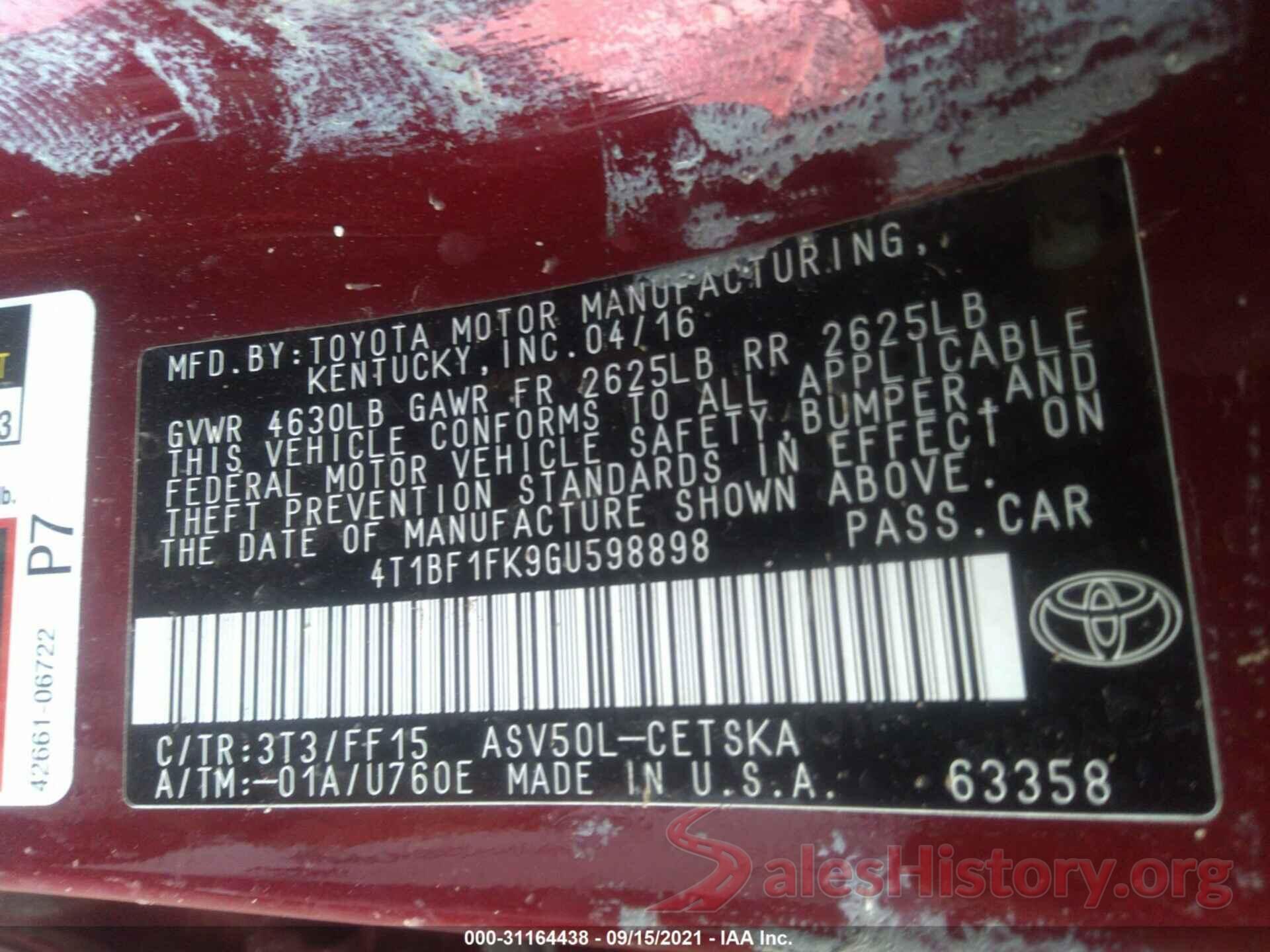 4T1BF1FK9GU598898 2016 TOYOTA CAMRY