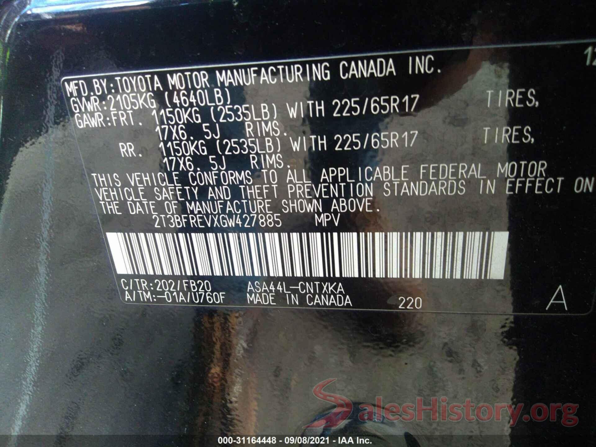 2T3BFREVXGW427885 2016 TOYOTA RAV4