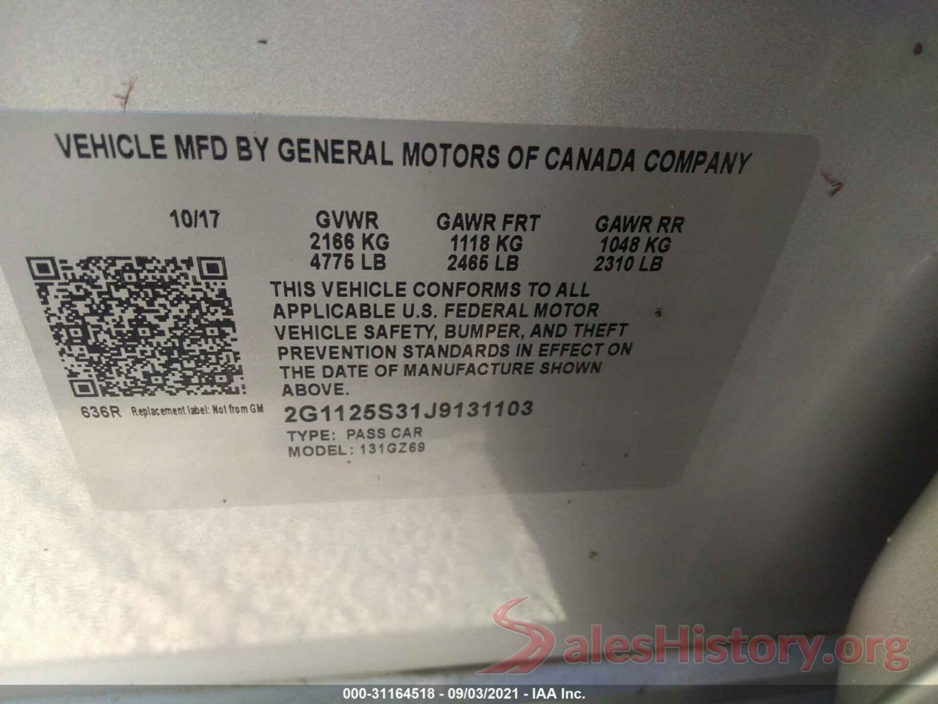 2G1125S31J9131103 2018 CHEVROLET IMPALA