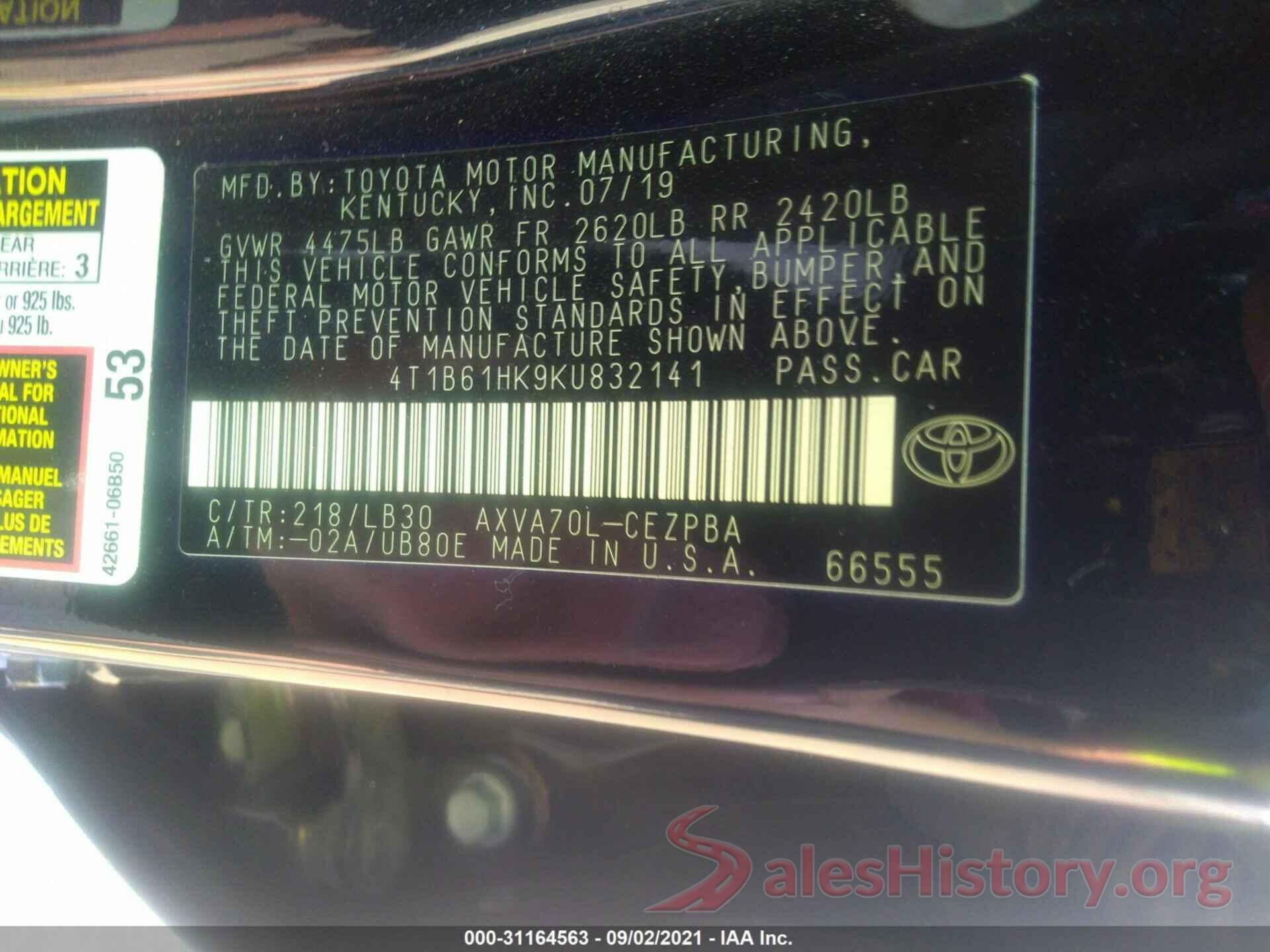 4T1B61HK9KU832141 2019 TOYOTA CAMRY