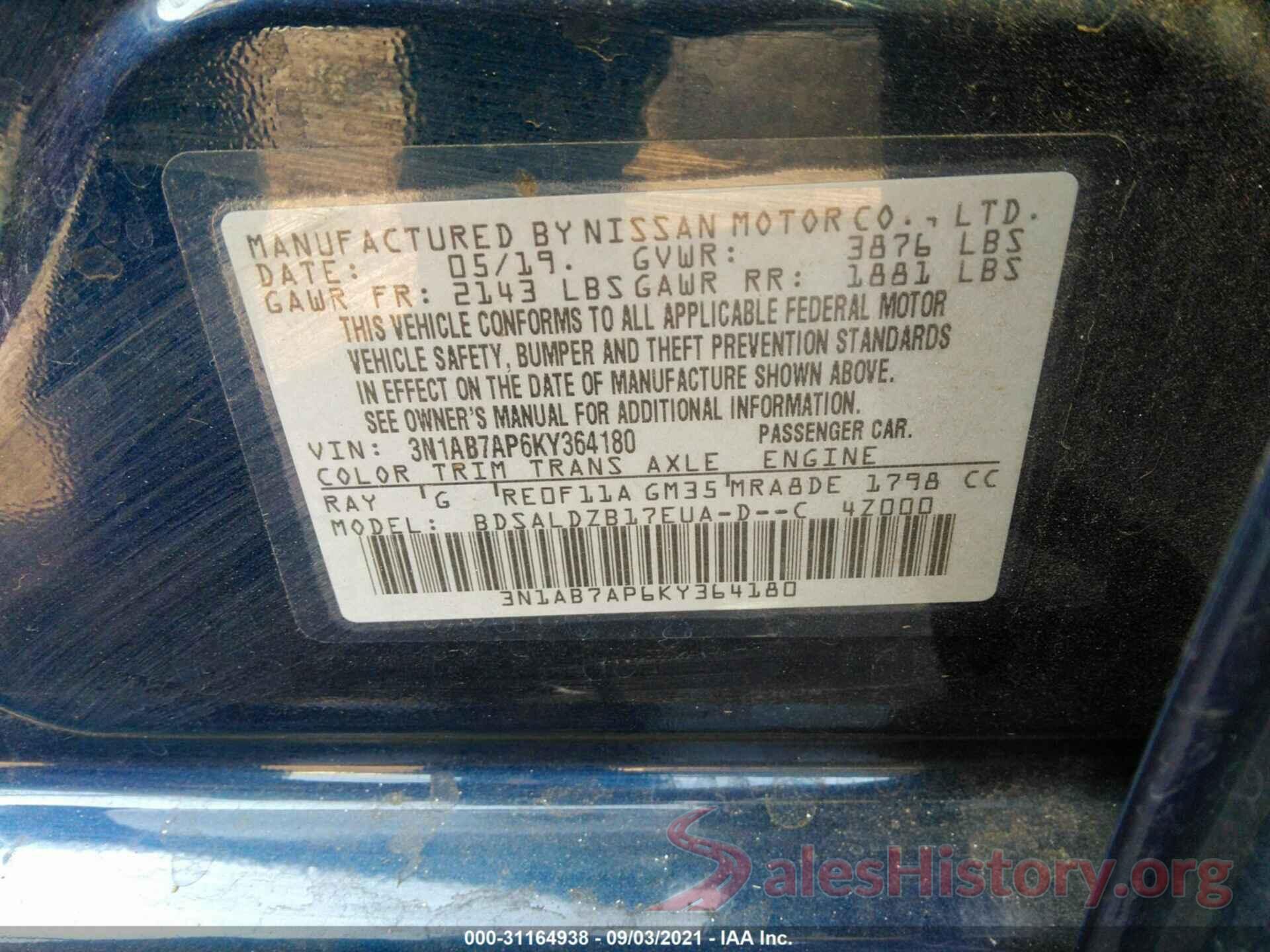 3N1AB7AP6KY364180 2019 NISSAN SENTRA