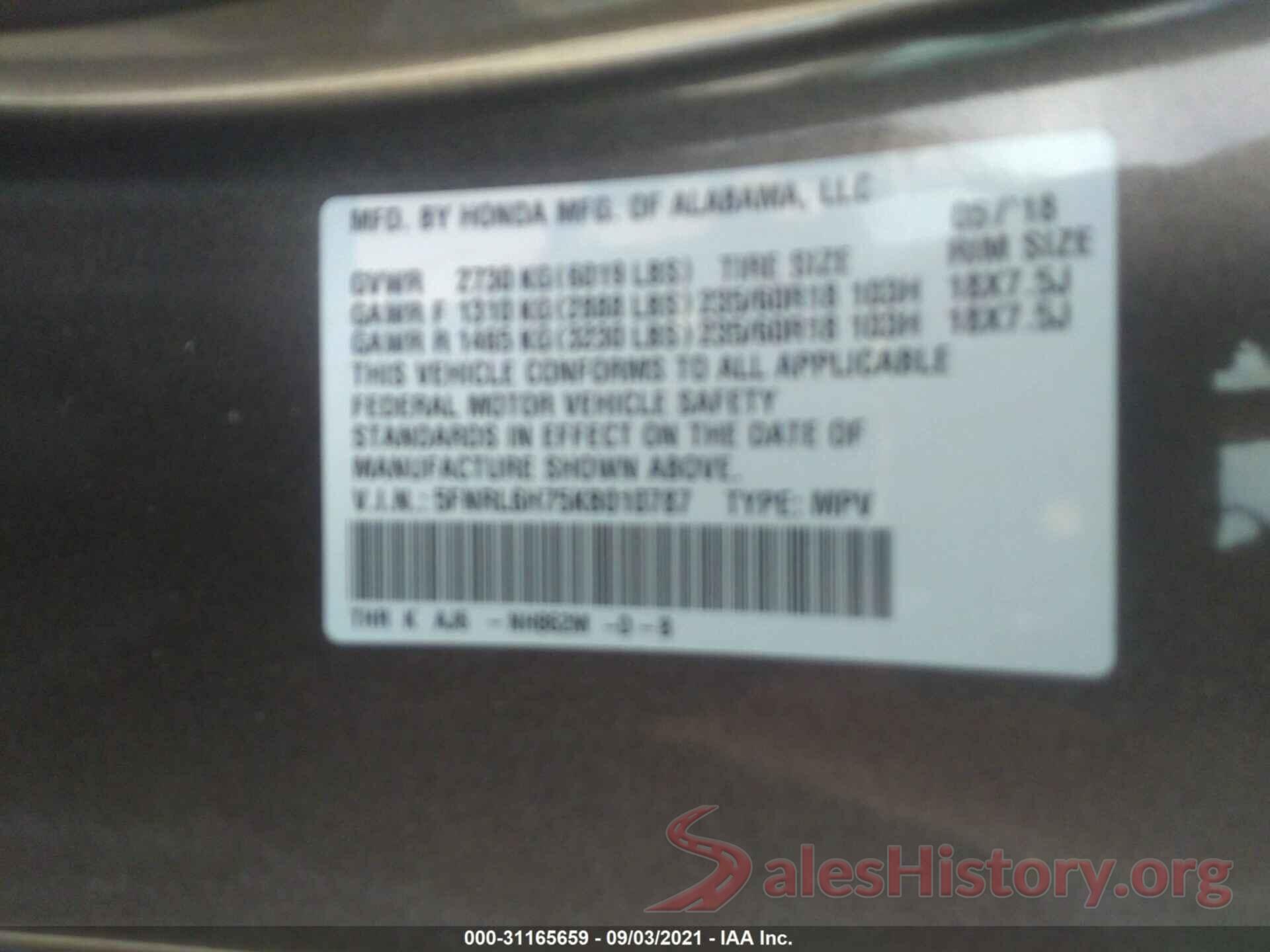 5FNRL6H75KB010787 2019 HONDA ODYSSEY